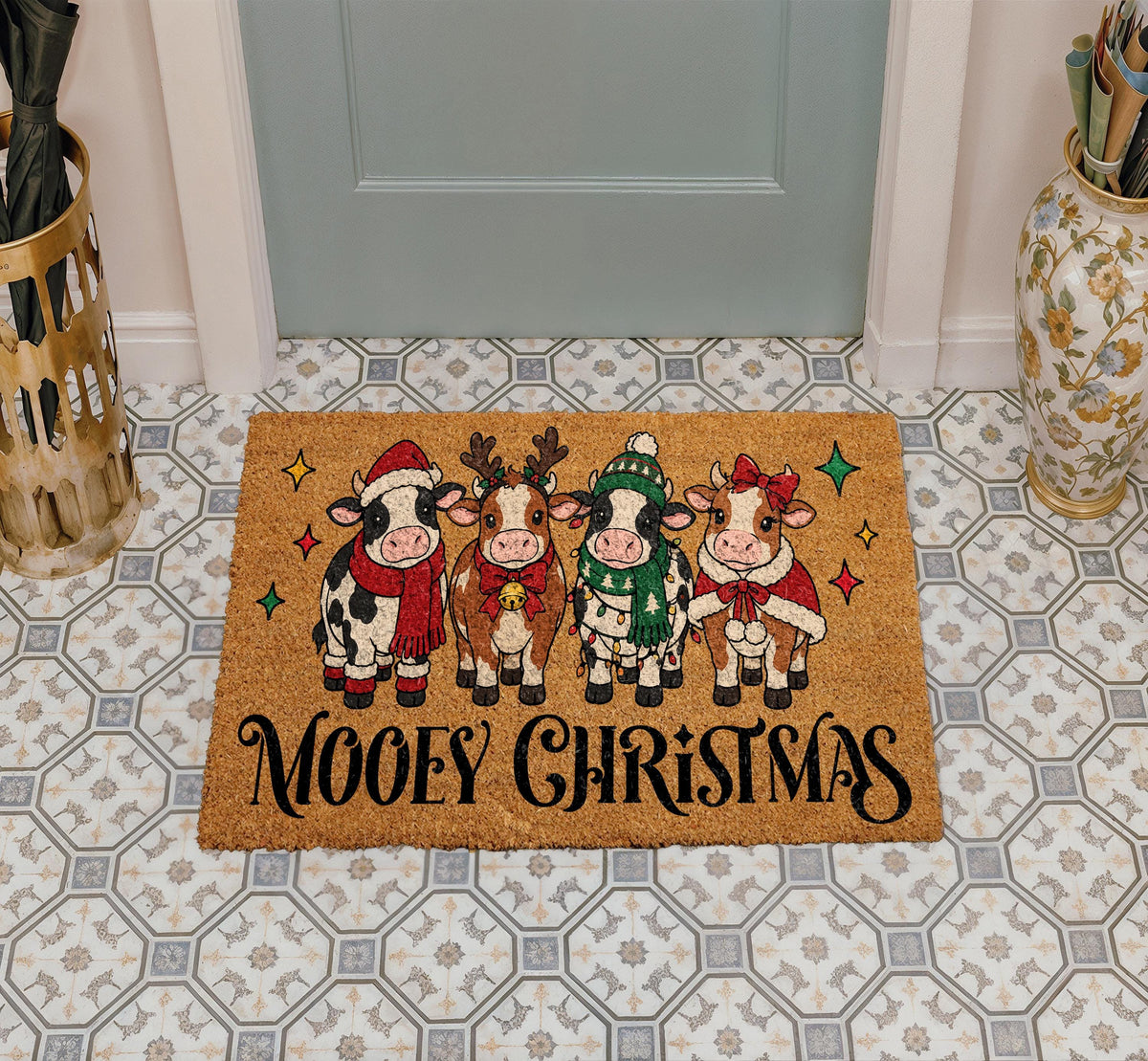 Mooey Christmas Doormat, Highland Cow Christmas Welcome Mat, Funny Christmas Door Mat, Farmhouse Holiday Decor, Coir Entryway Rug