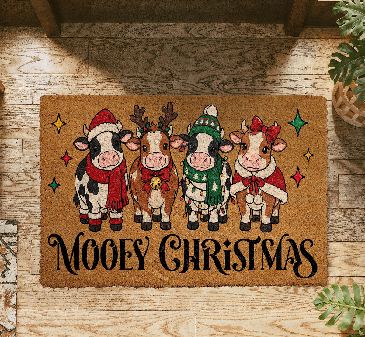Mooey Christmas Doormat, Highland Cow Christmas Welcome Mat, Funny Christmas Door Mat, Farmhouse Holiday Decor, Coir Entryway Rug