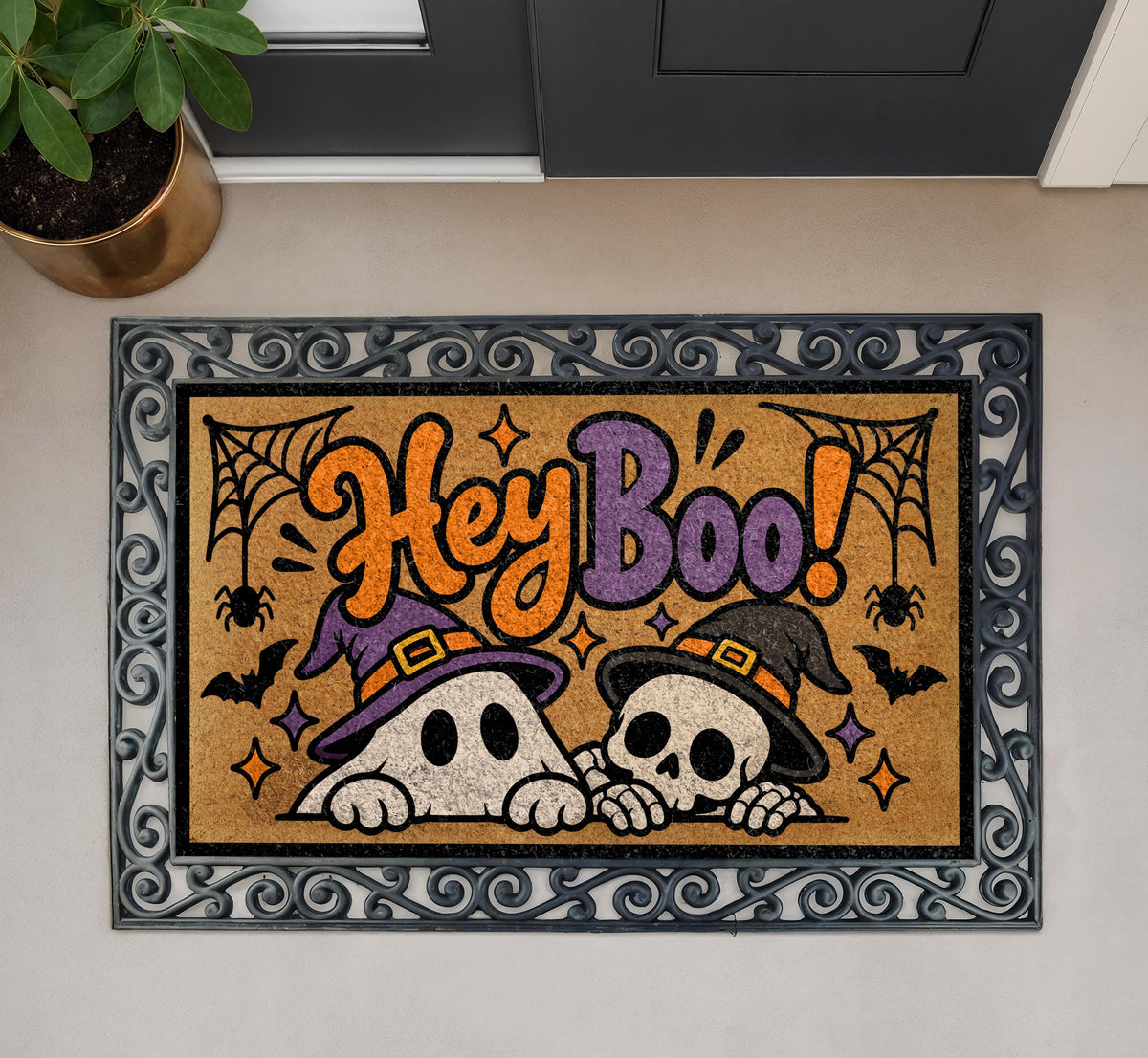 Hey Boo Doormat, Halloween Ghost and Skeleton Welcome Mat, Spooky Cute Porch Decor, Retro Fall Coir Doormat, Autumn Entryway Mat