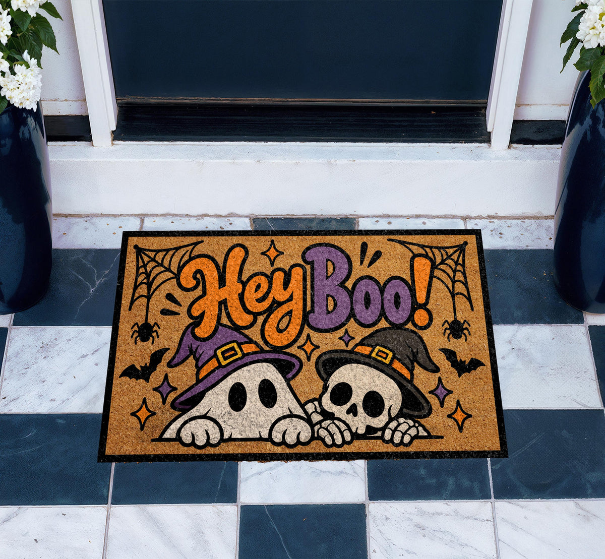Hey Boo Doormat, Halloween Ghost and Skeleton Welcome Mat, Spooky Cute Porch Decor, Retro Fall Coir Doormat, Autumn Entryway Mat