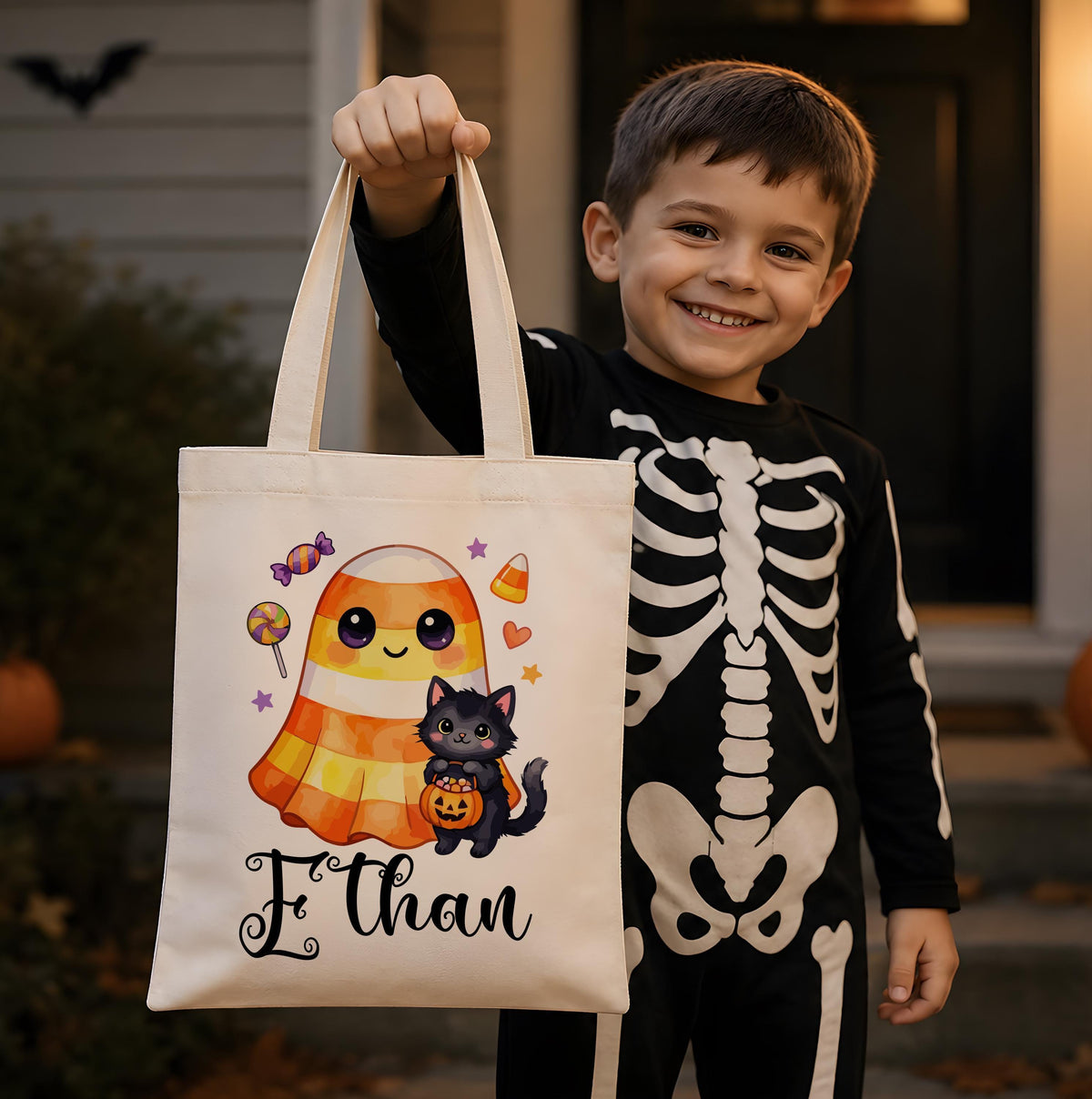 Personalized Ghost and Cat Halloween Canvas Tote Bag