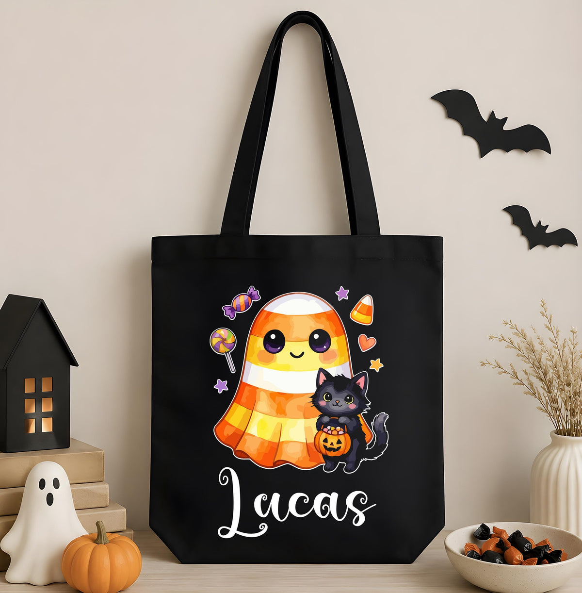 Personalized Ghost and Cat Halloween Canvas Tote Bag