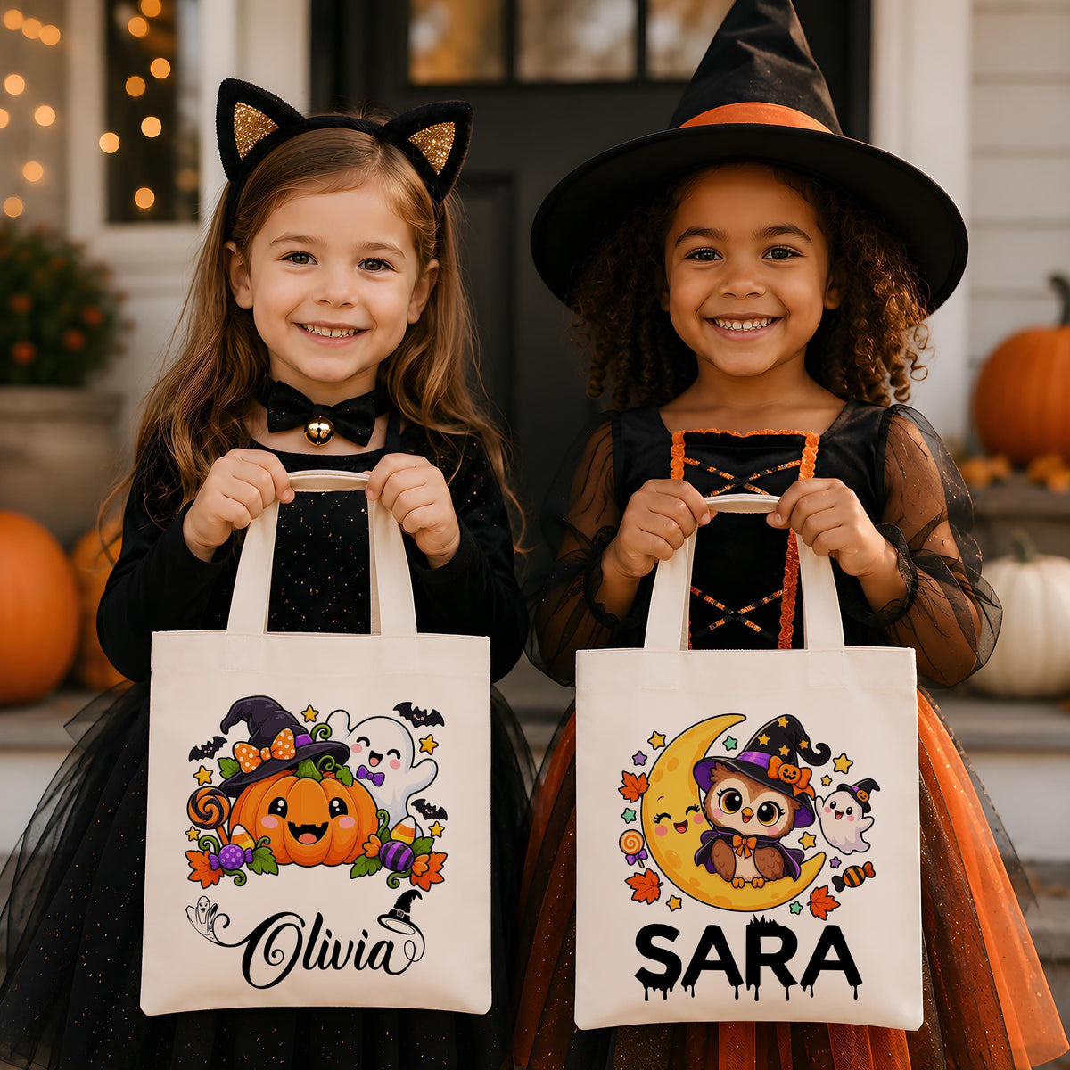 Personalized Dinosaur and Ghost Halloween Canvas Tote Bag