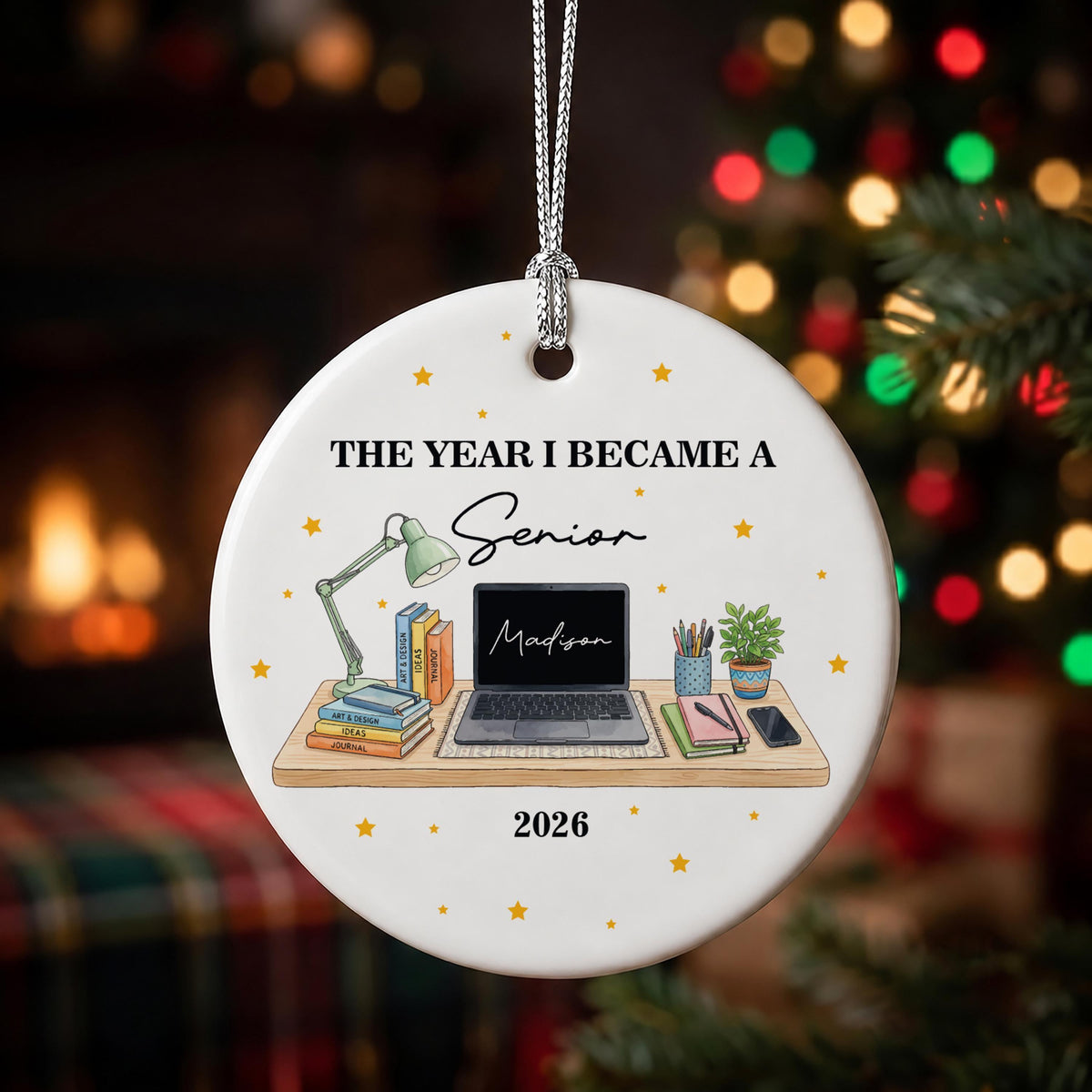 Personalized Senior Graduation Ornament, Study Desk Class Year Keepsake (Ceramic or Glass)