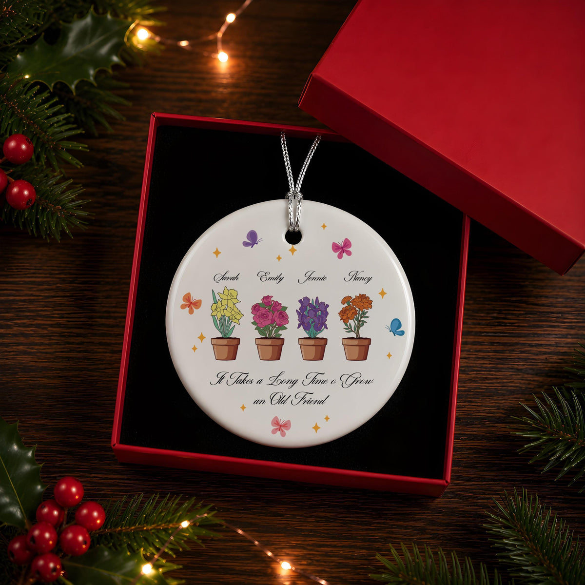 Personalized Besties Birth Flower Ornament, Glass or Ceramic Christmas Keepsake