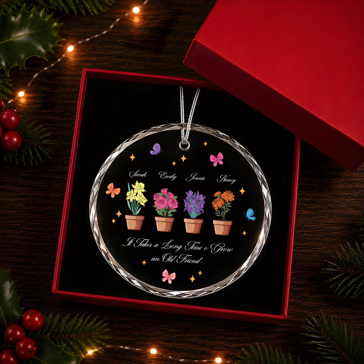 Personalized Besties Birth Flower Ornament, Glass or Ceramic Christmas Keepsake