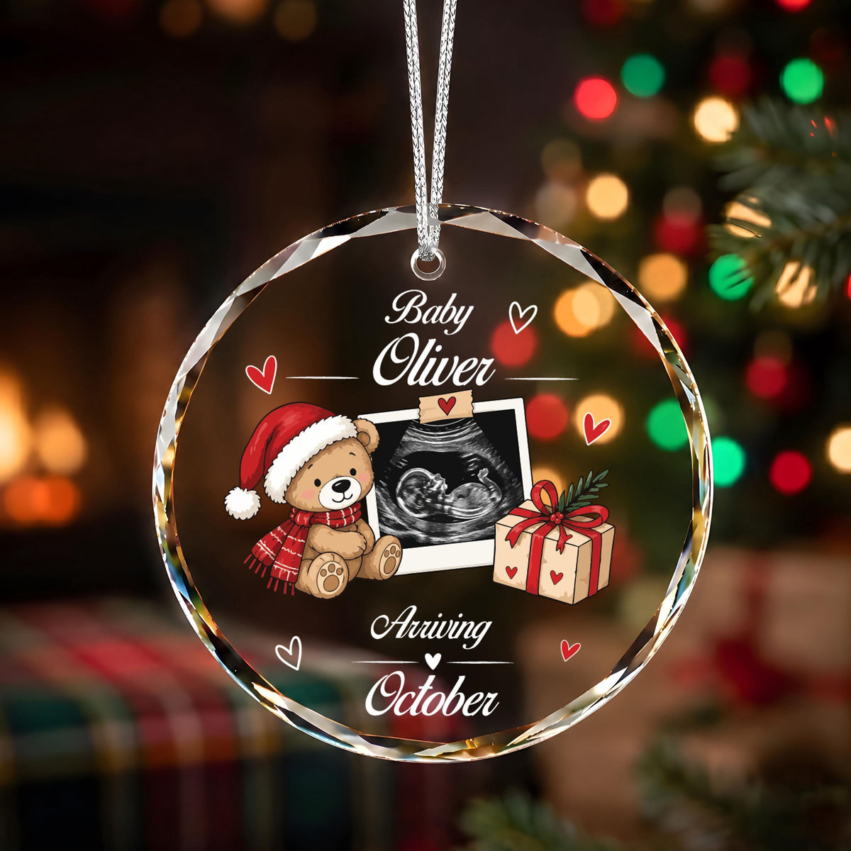 Personalized Baby Ultrasound Ornament, Teddy Bear Sonogram Keepsake (Crystal Glass or Ceramic)