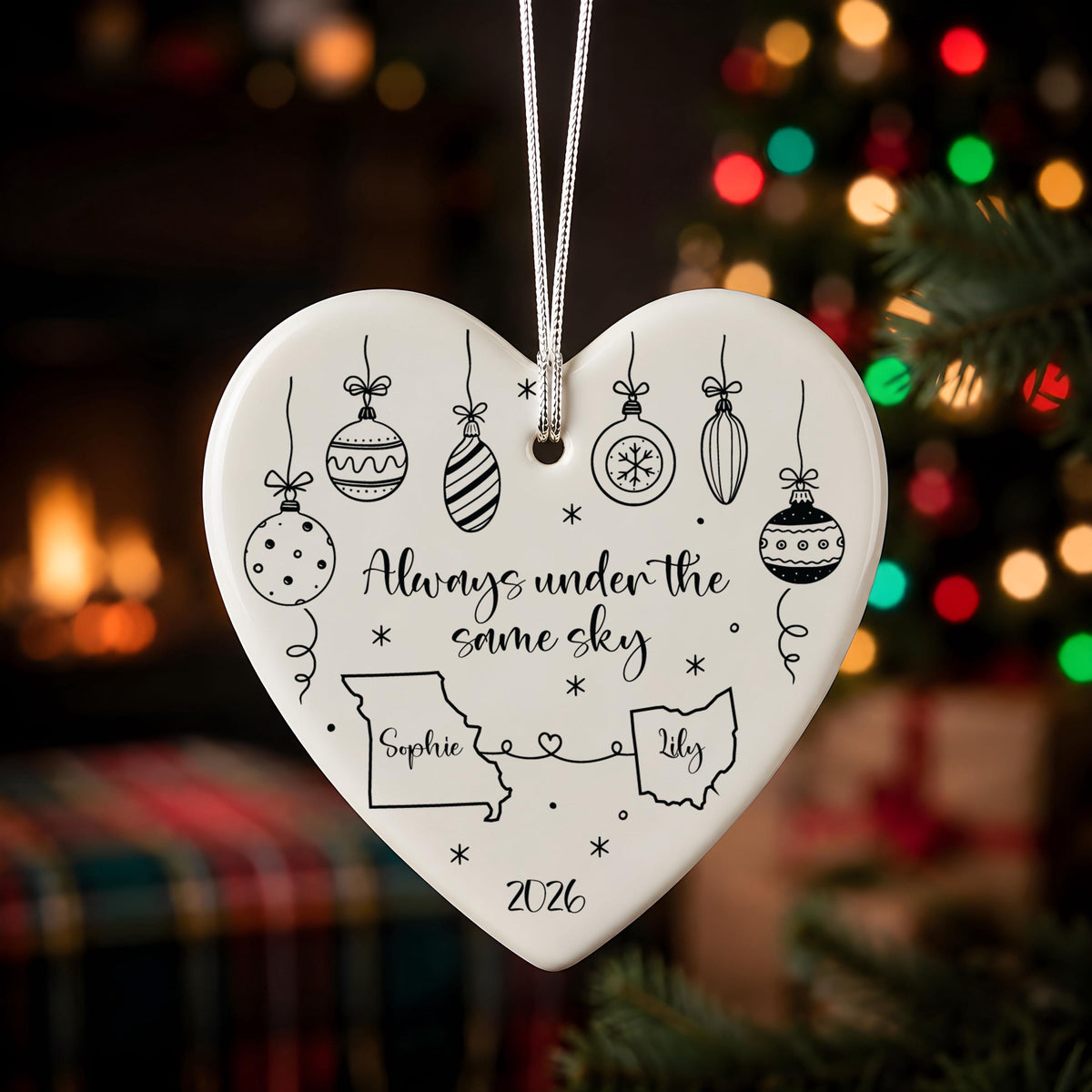 Personalized State to State Heart Ornament, Long Distance Glass or Ceramic Keepsake