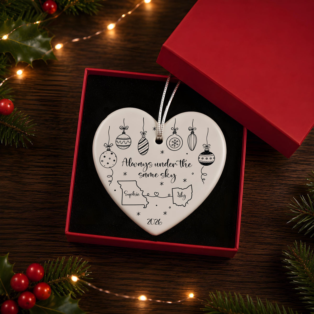 Personalized State to State Heart Ornament, Long Distance Glass or Ceramic Keepsake