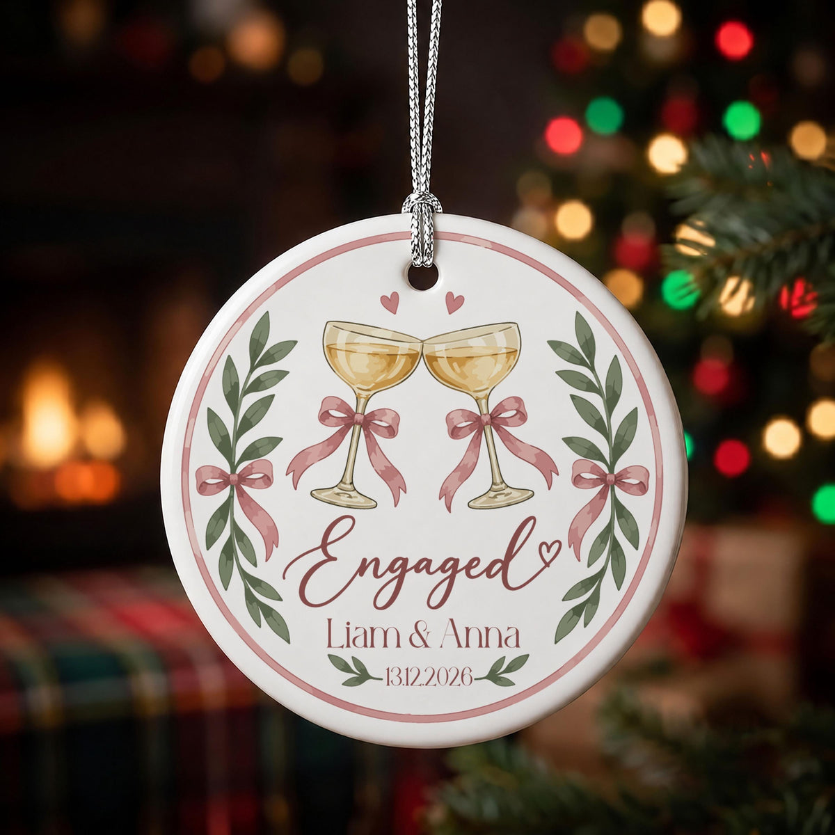Personalized Engaged Ornament, Champagne Toast Engagement Keepsake with Names and Date