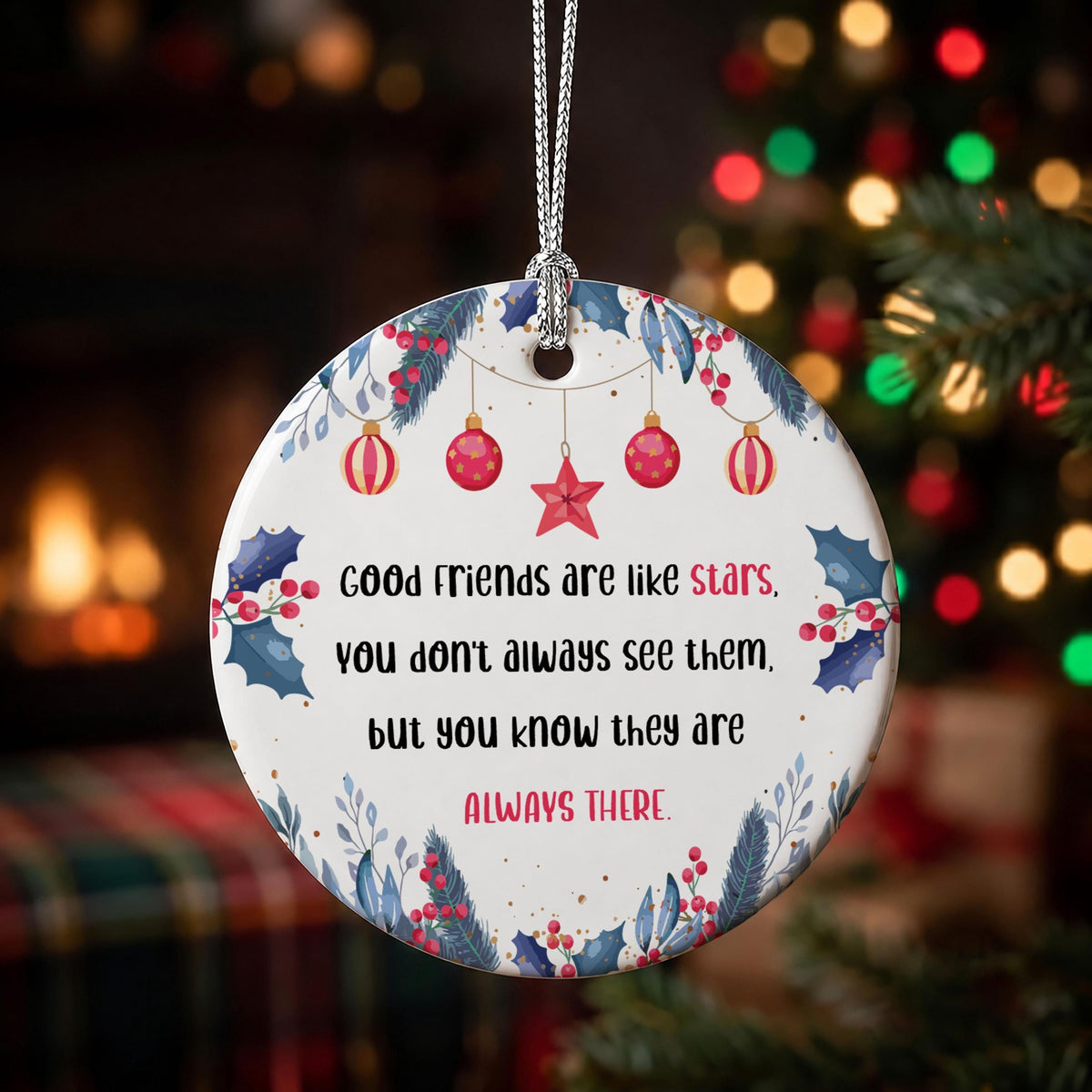 Friendship Quote Christmas Ornament, Round Ceramic or Glass Keepsake