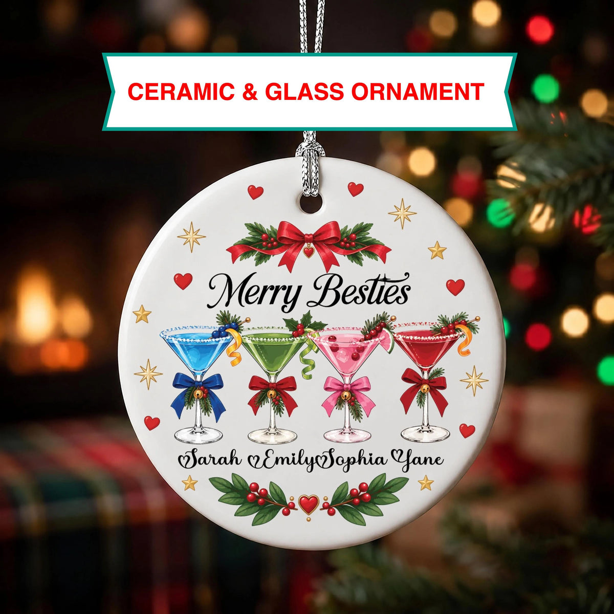 Personalized Merry Besties Cocktail Ornament, Custom Names Keepsake (Ceramic or Glass)