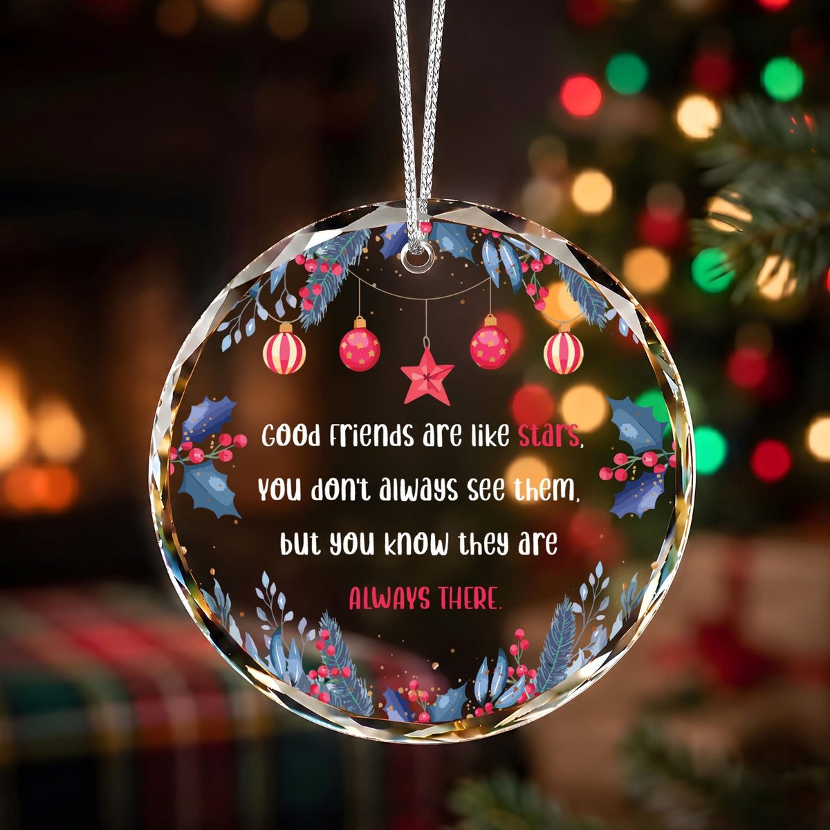 Friendship Quote Christmas Ornament, Round Ceramic or Glass Keepsake