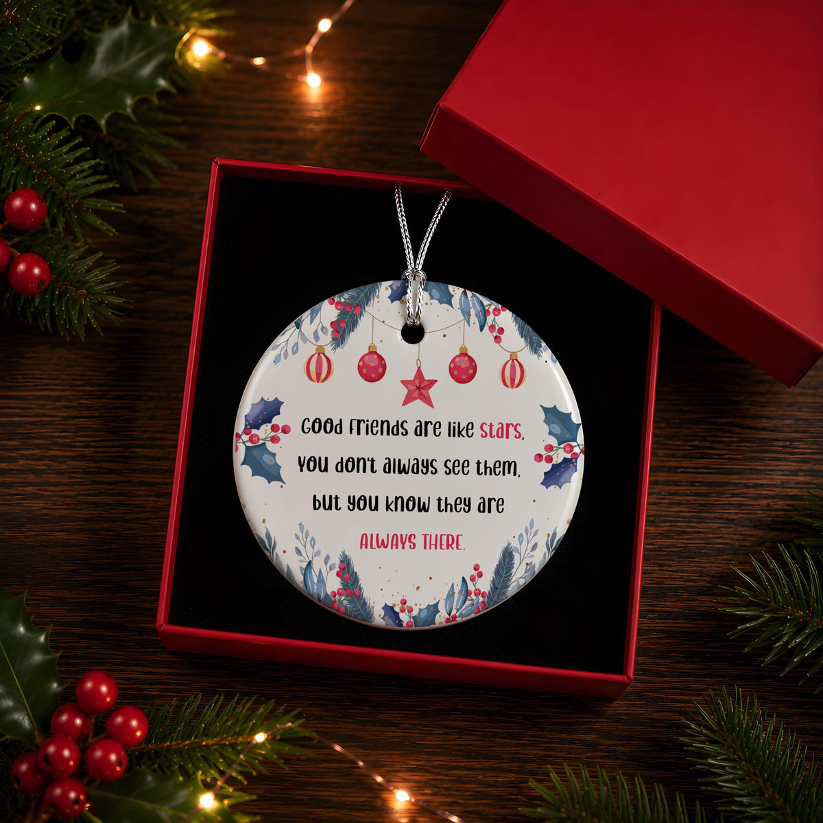 Friendship Quote Christmas Ornament, Round Ceramic or Glass Keepsake