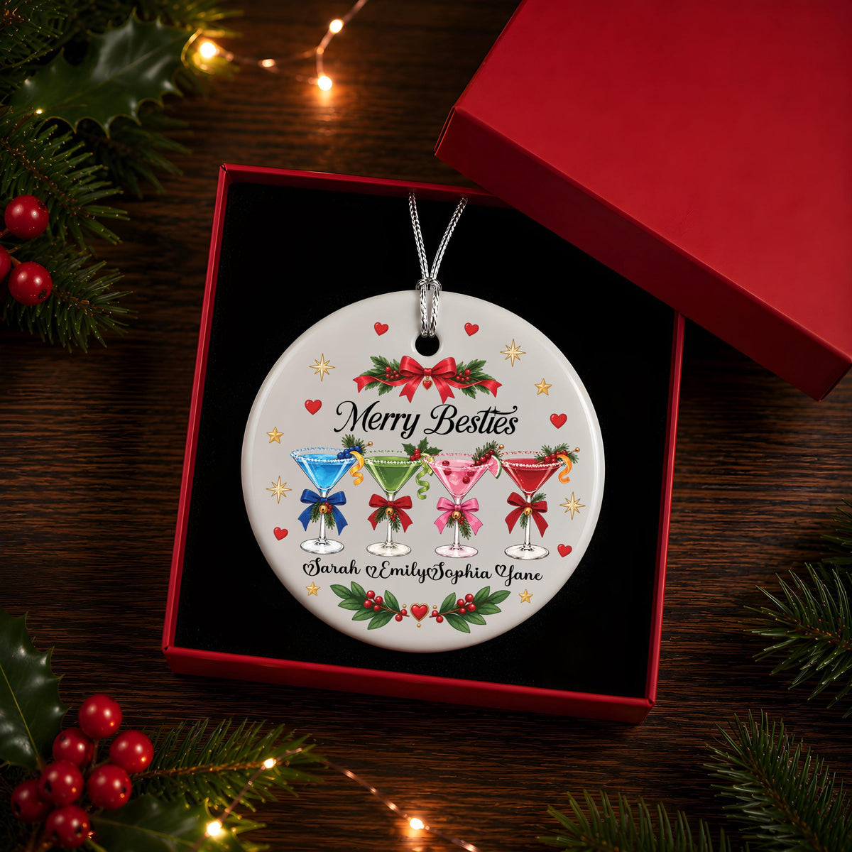 Personalized Merry Besties Cocktail Ornament, Custom Names Keepsake (Ceramic or Glass)