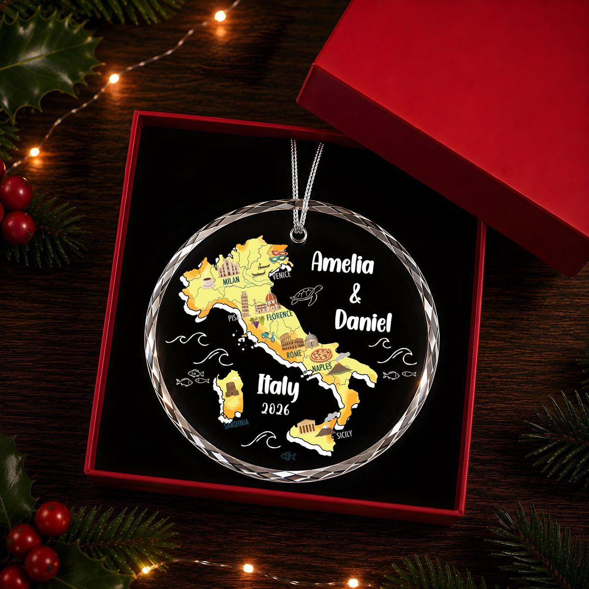 Personalized Italy Map Ornament, Custom Travel Keepsake (Ceramic or Crystal Glass)