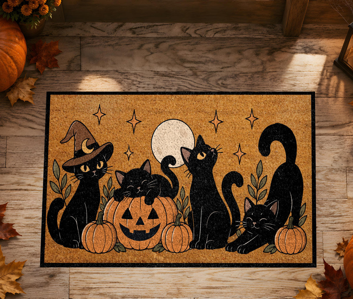 Black Cat and Pumpkin Halloween Coir Doormat