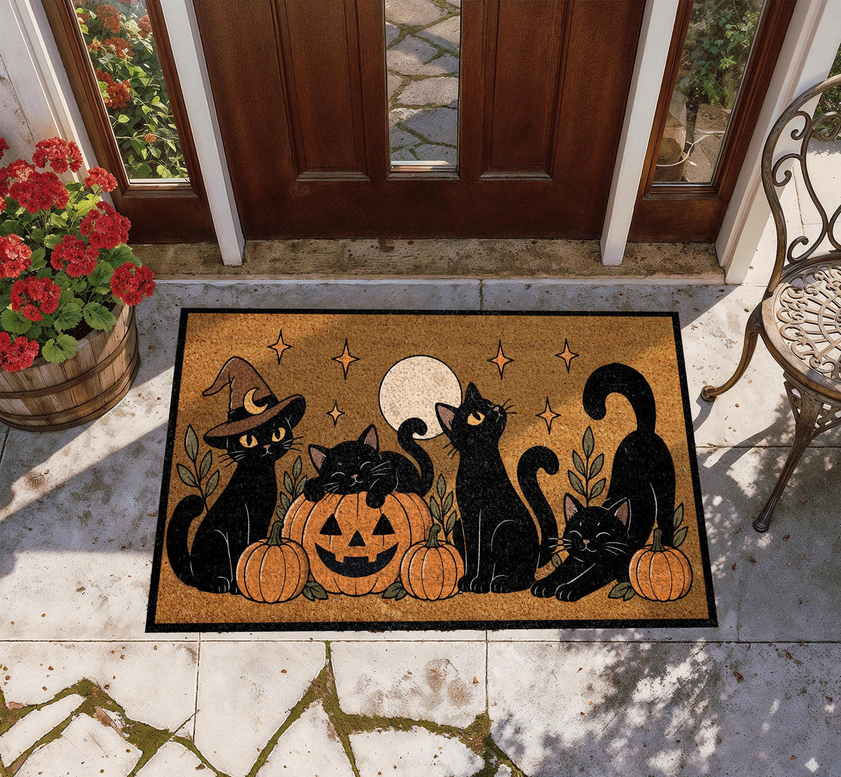Black Cat and Pumpkin Halloween Coir Doormat