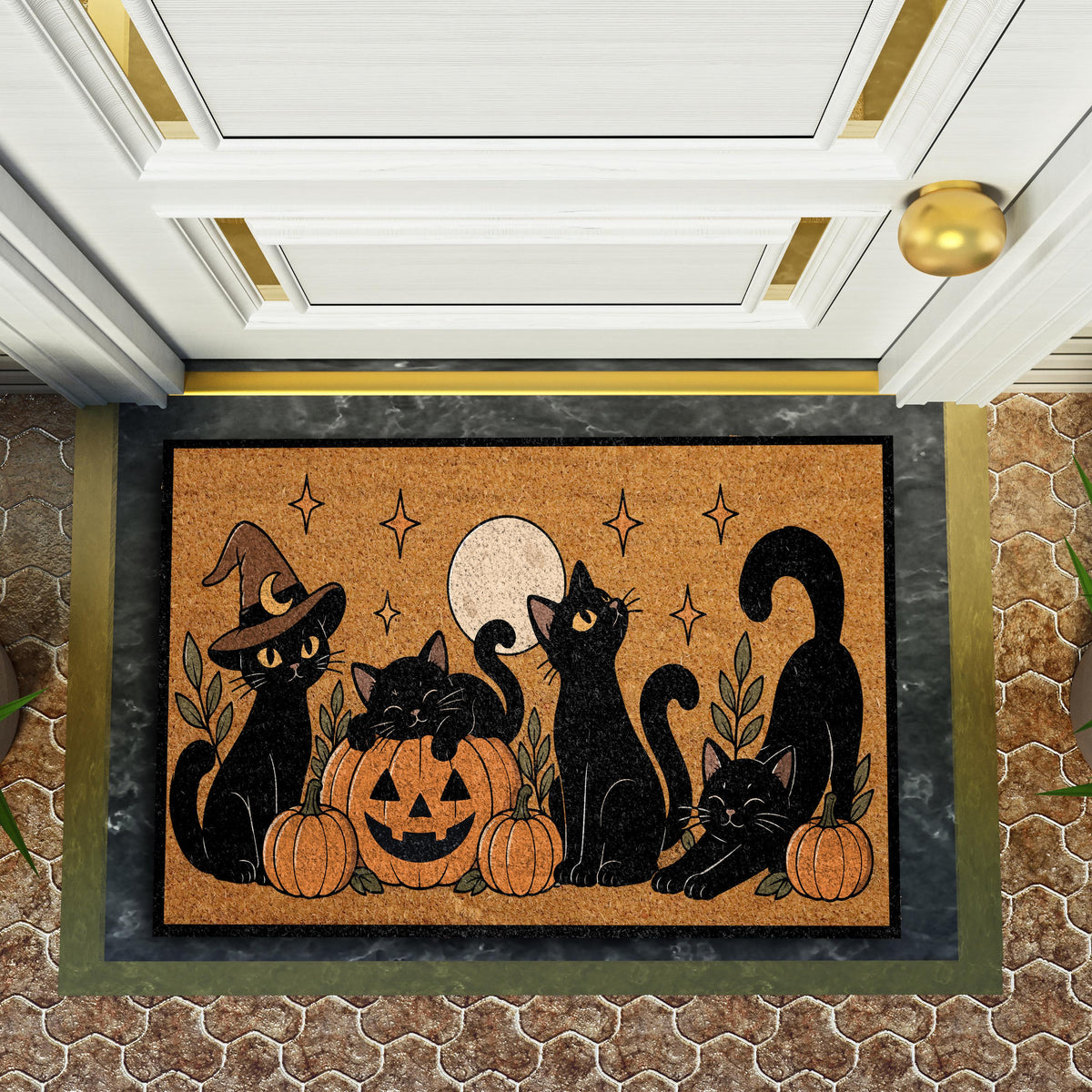 Black Cat and Pumpkin Halloween Coir Doormat