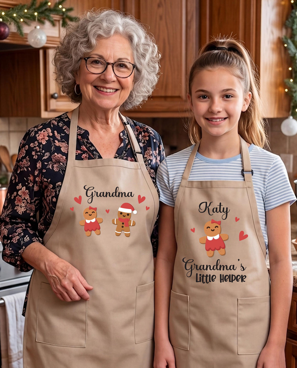 Custom Grandma and Grandchild Apron, Xmas Mom & Daughter Matching Aprons, Gingerbread Apron