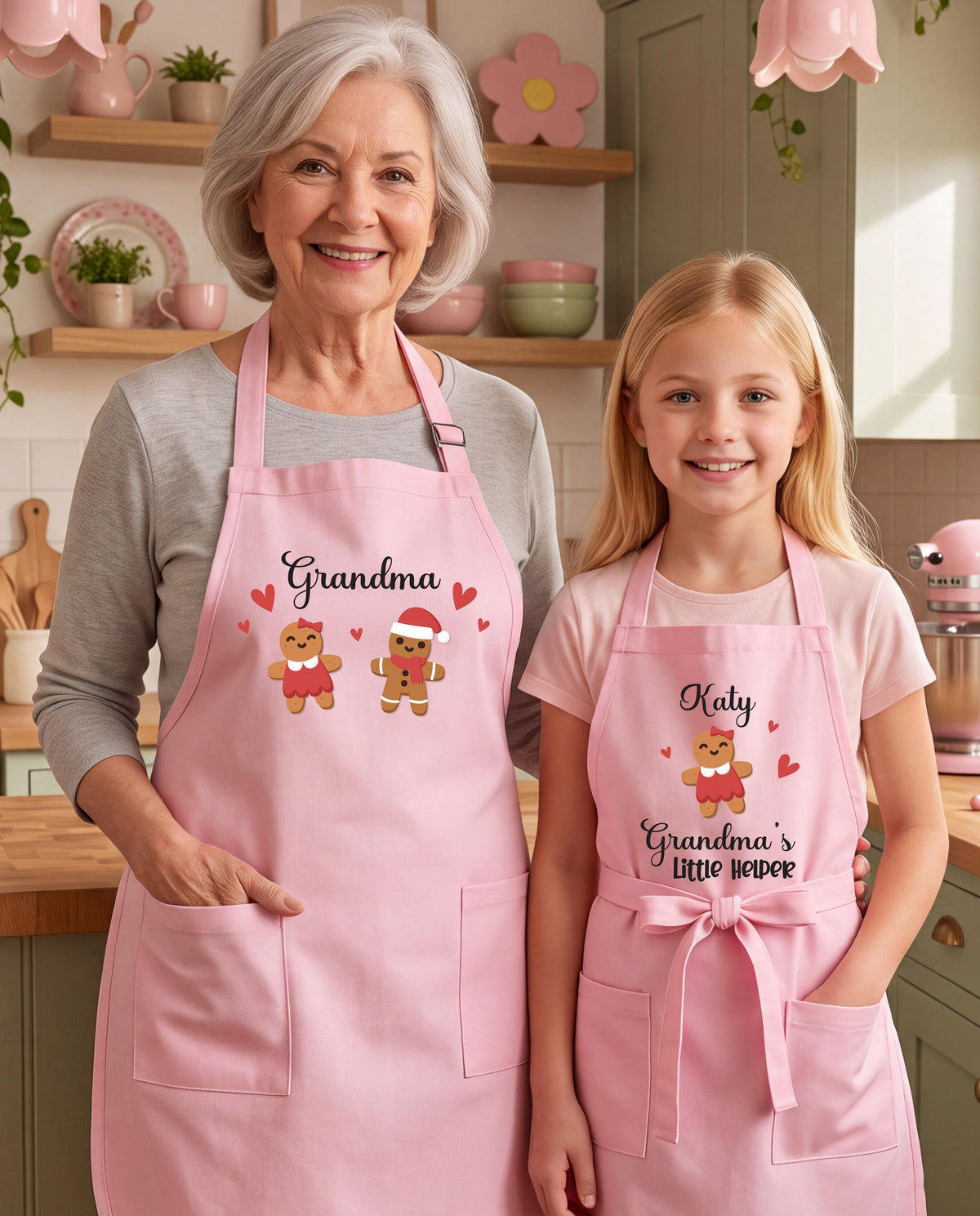 Custom Grandma and Grandchild Apron, Xmas Mom & Daughter Matching Aprons, Gingerbread Apron