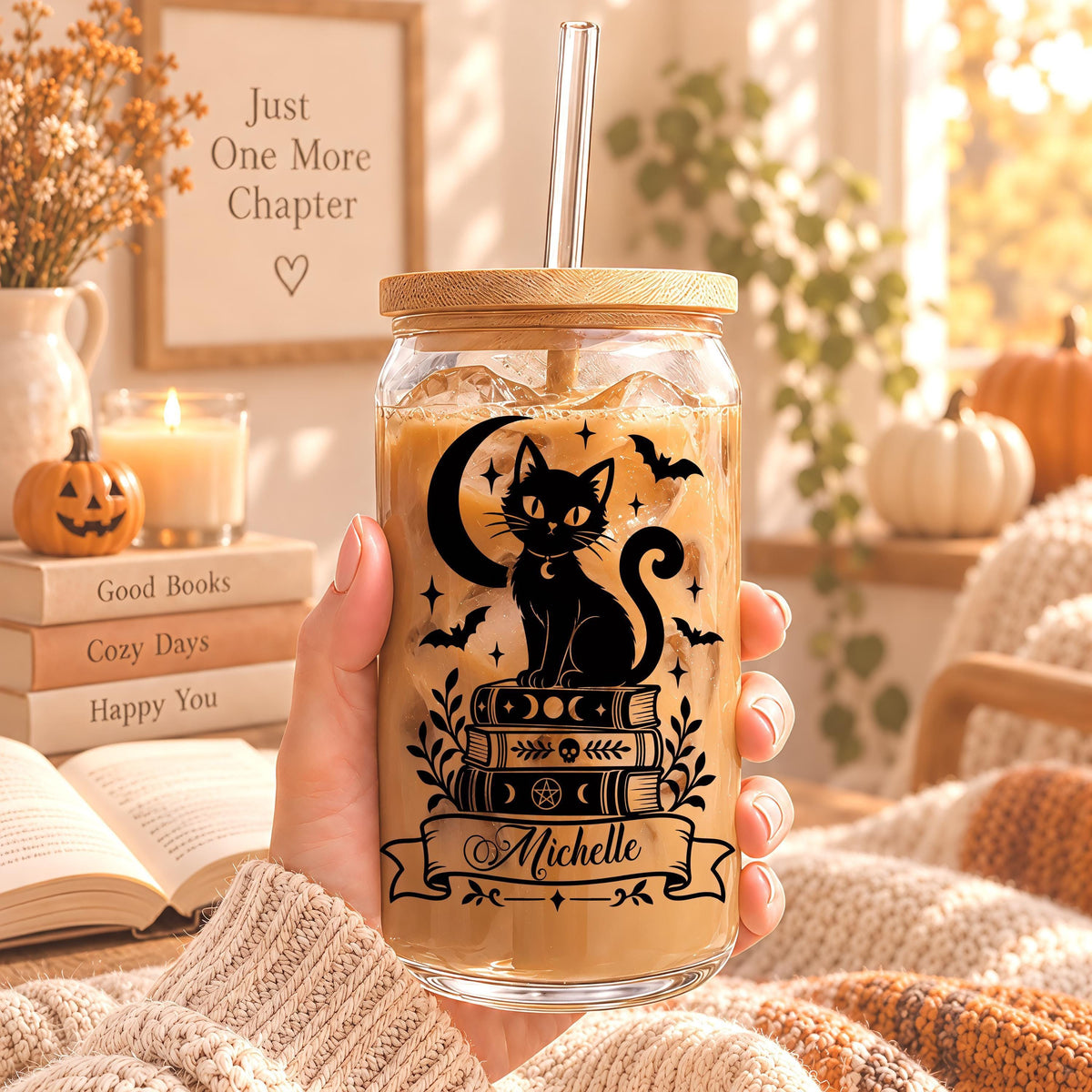 Personalized Bookish Halloween Glass Tumbler, 16 oz