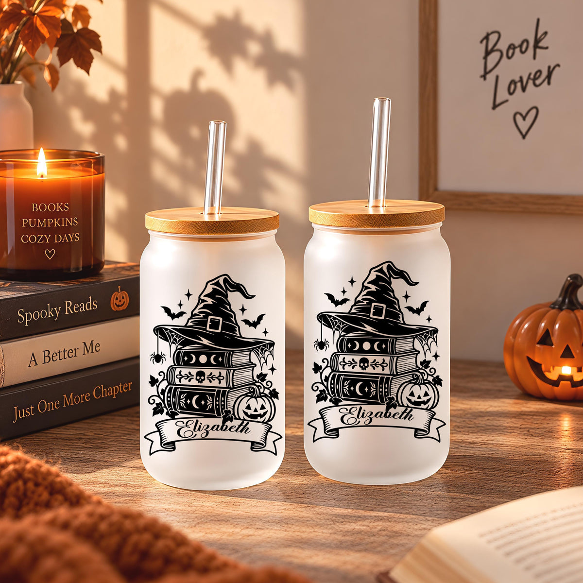 Personalized Bookish Halloween Glass Tumbler, 16 oz