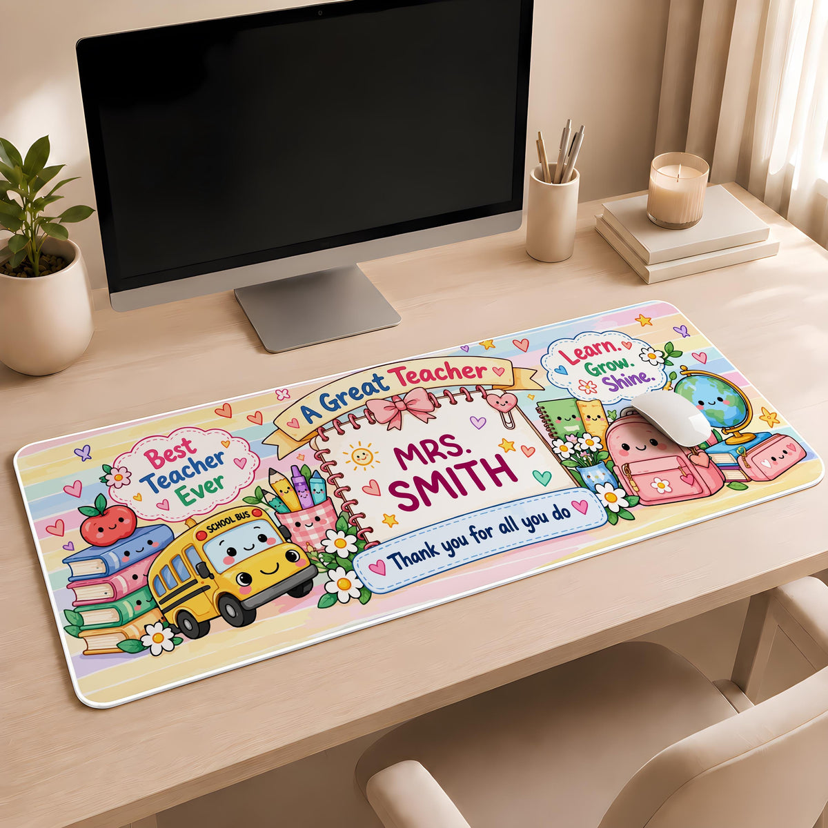 Desk mat with school supplies and a personalized teacher name