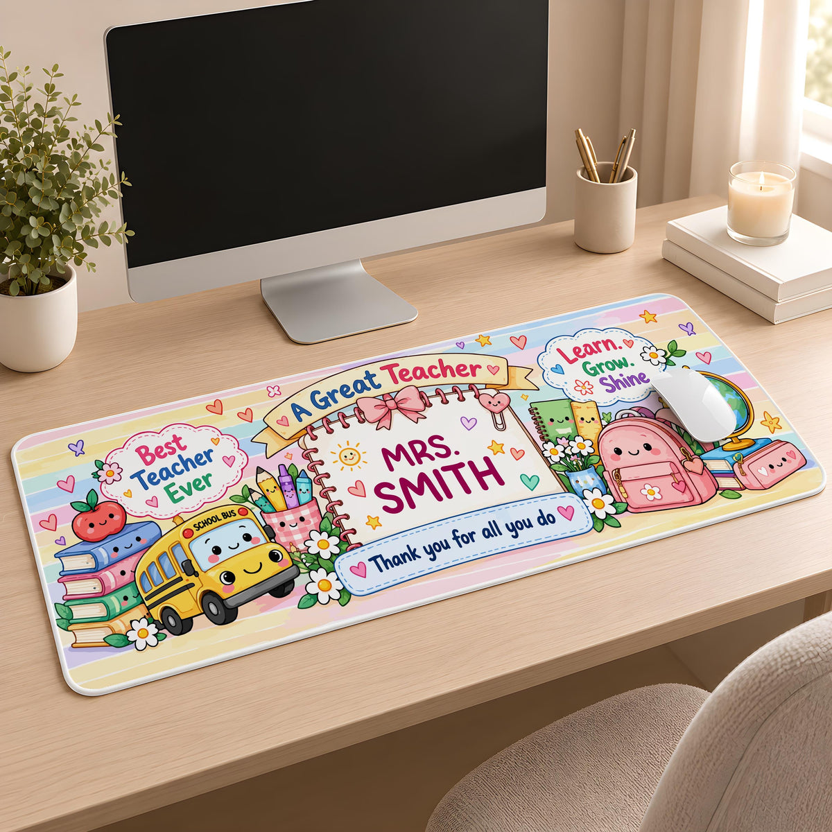 Desk mat with school supplies and a personalized teacher name
