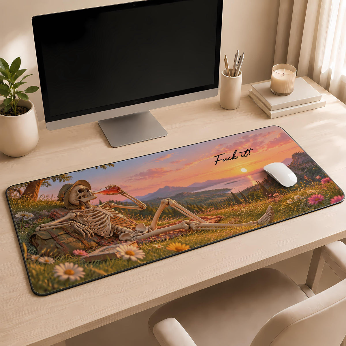 Desk mat with a reclining skeleton, landscape and "Fuck it" lettering