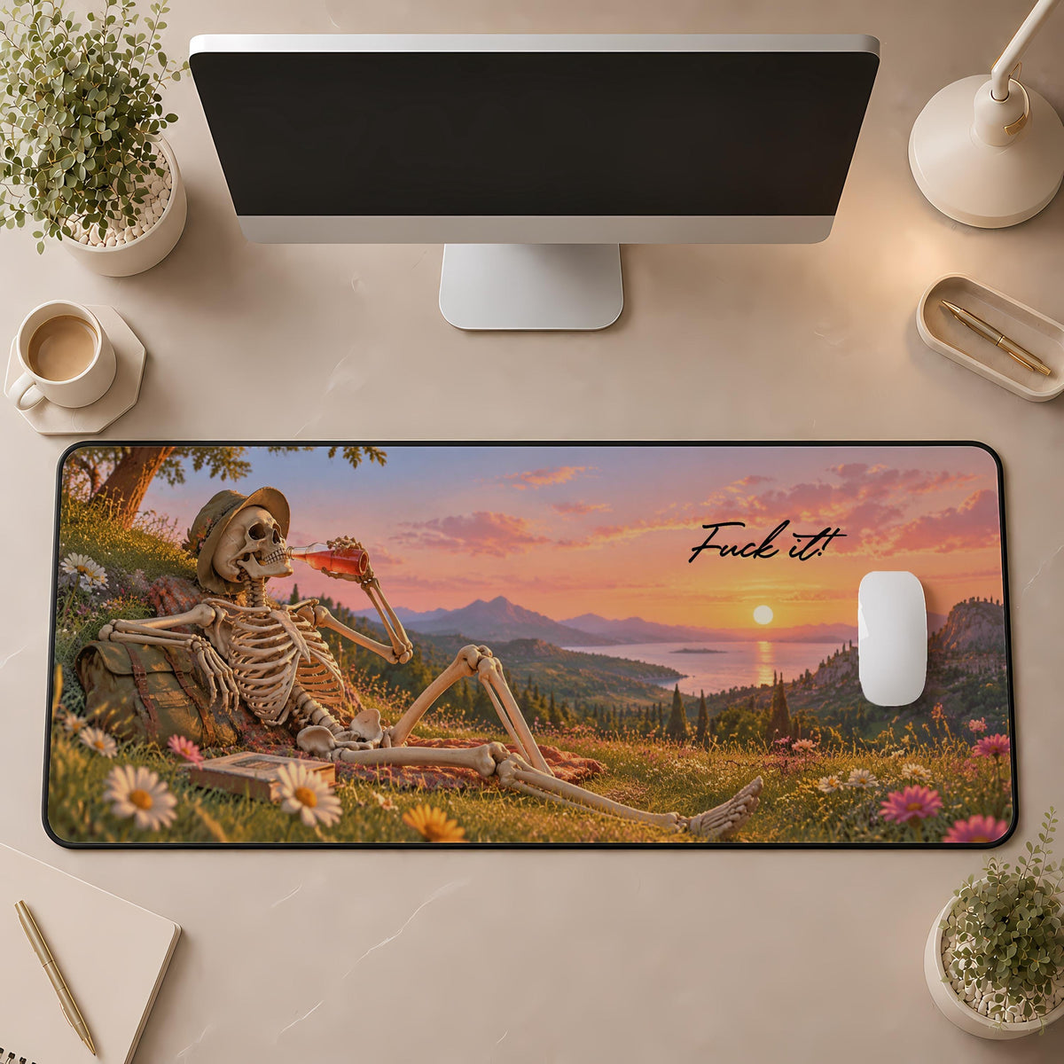 Desk mat with a reclining skeleton, landscape and "Fuck it" lettering