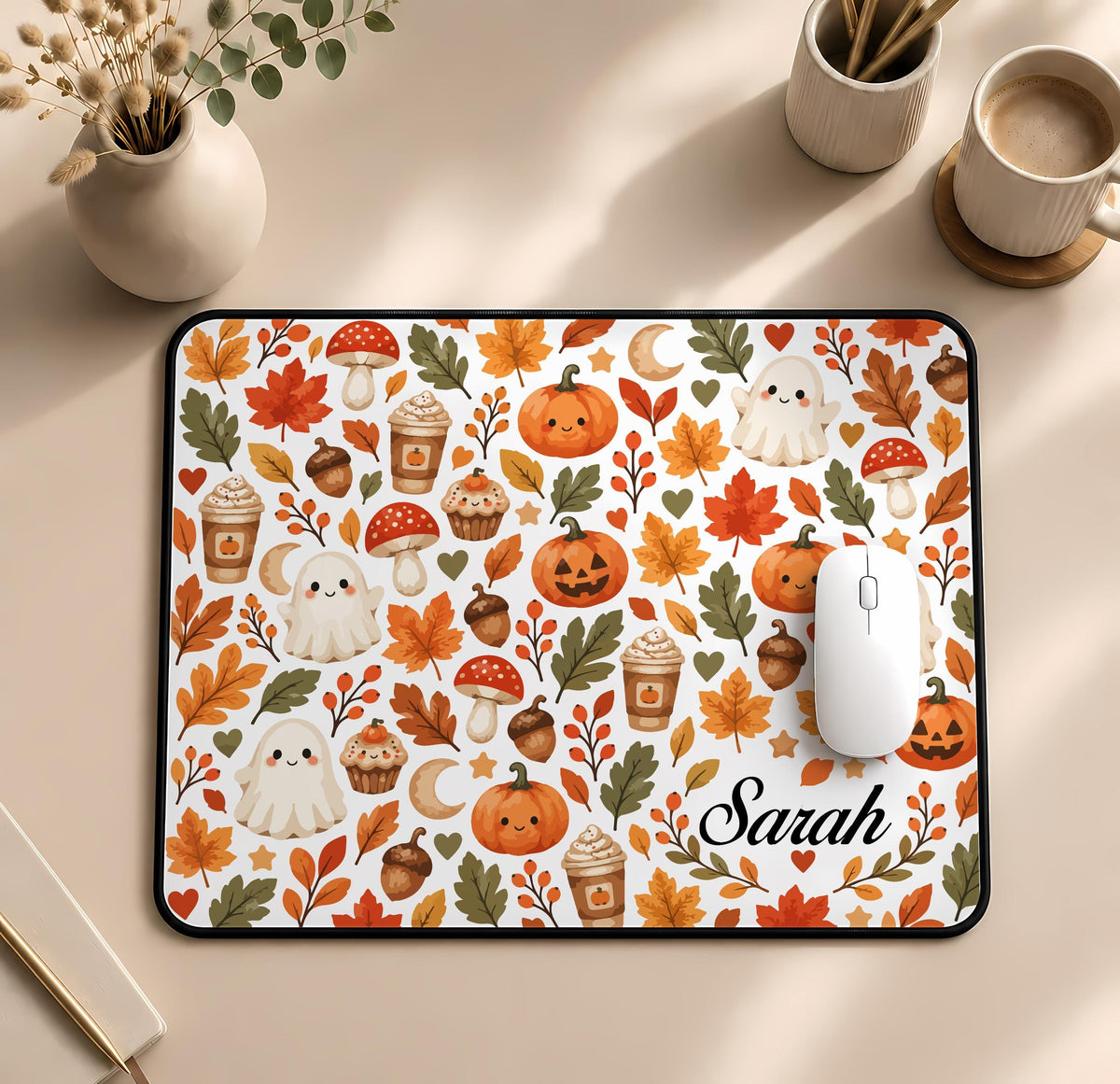 Desk mat with ghosts, pumpkins, autumn leaves and a personalized name