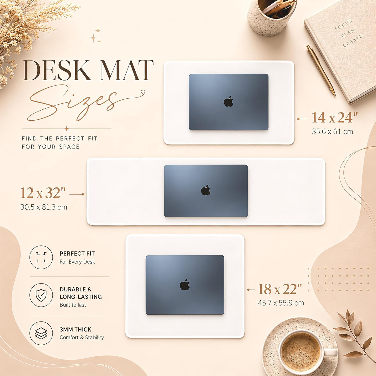 Desk mat size guide for 14 by 24, 12 by 32 and 18 by 22 inches