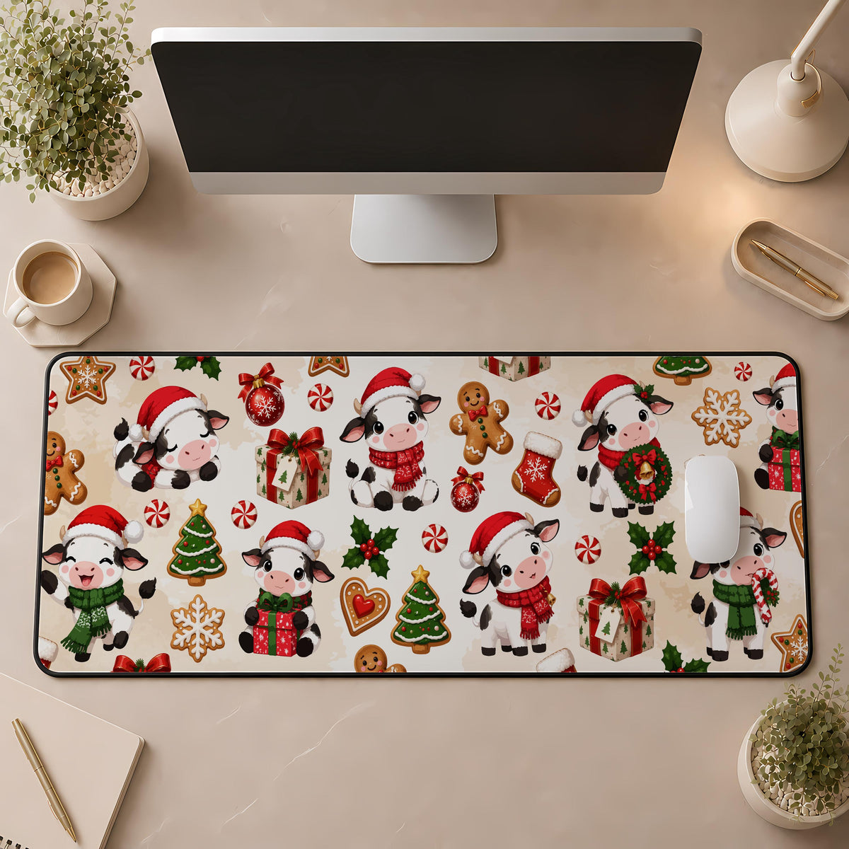 Desk mat with cartoon cows and Christmas decorations