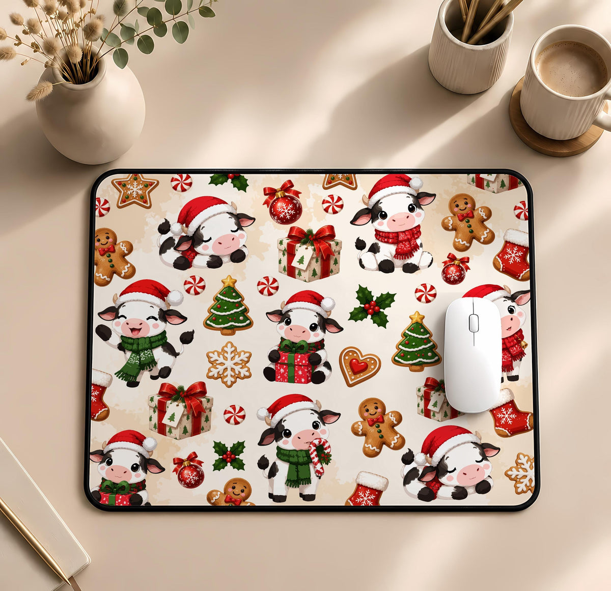 Desk mat with cartoon cows and Christmas decorations