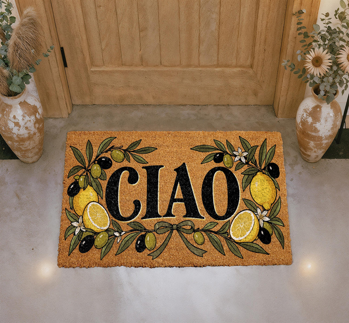 Ciao Doormat, Italian Welcome Mat, Lemon and Olive Branch Decor, Mediterranean Front Porch Rug, Housewarming Gift, Coir Door Mat