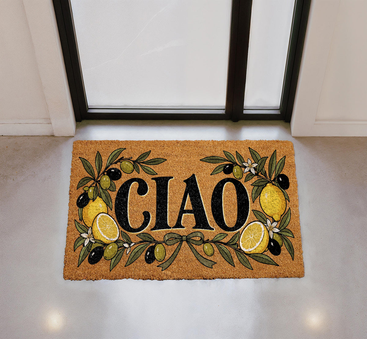 Ciao Doormat, Italian Welcome Mat, Lemon and Olive Branch Decor, Mediterranean Front Porch Rug, Housewarming Gift, Coir Door Mat