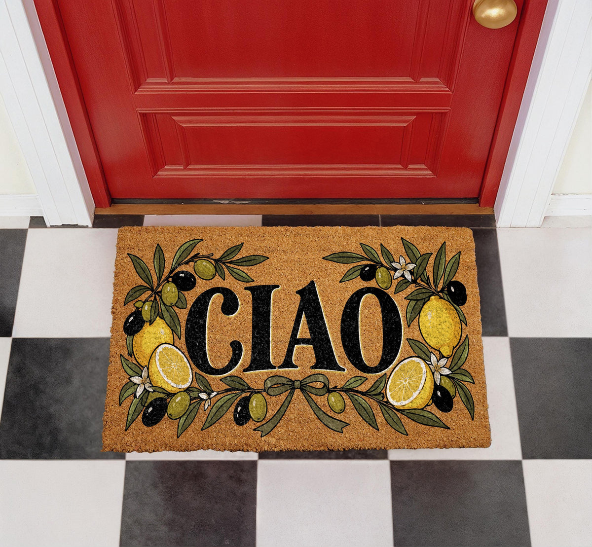 Ciao Doormat, Italian Welcome Mat, Lemon and Olive Branch Decor, Mediterranean Front Porch Rug, Housewarming Gift, Coir Door Mat
