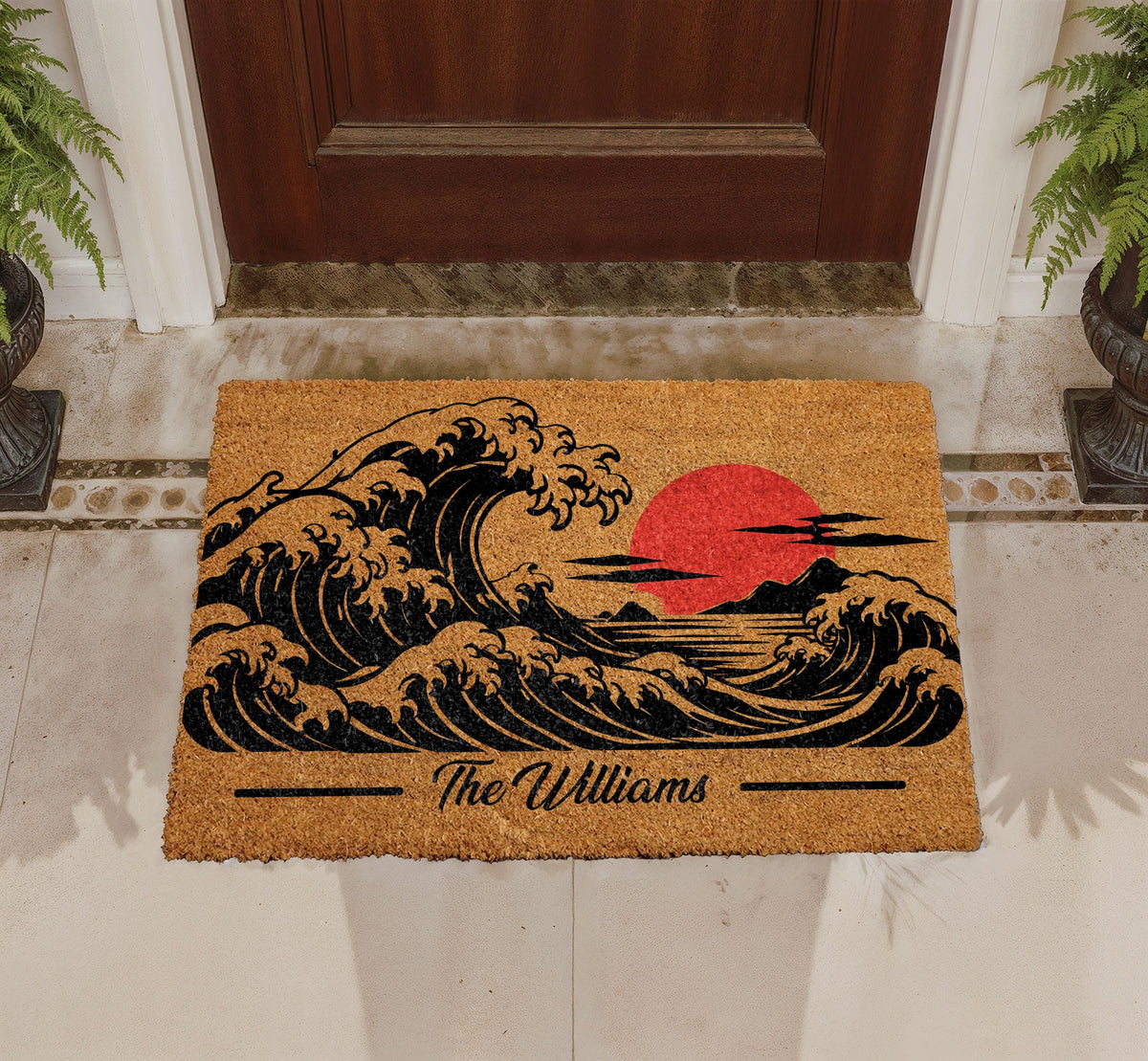 Custom Wave Doormat, Japanese Great Wave Rug, Red Sun Ocean Front Porch Decor, Housewarming Gift
