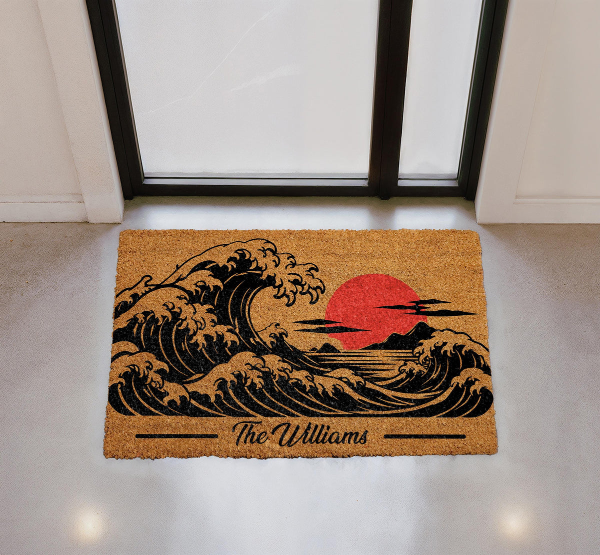Custom Wave Doormat, Japanese Great Wave Rug, Red Sun Ocean Front Porch Decor, Housewarming Gift