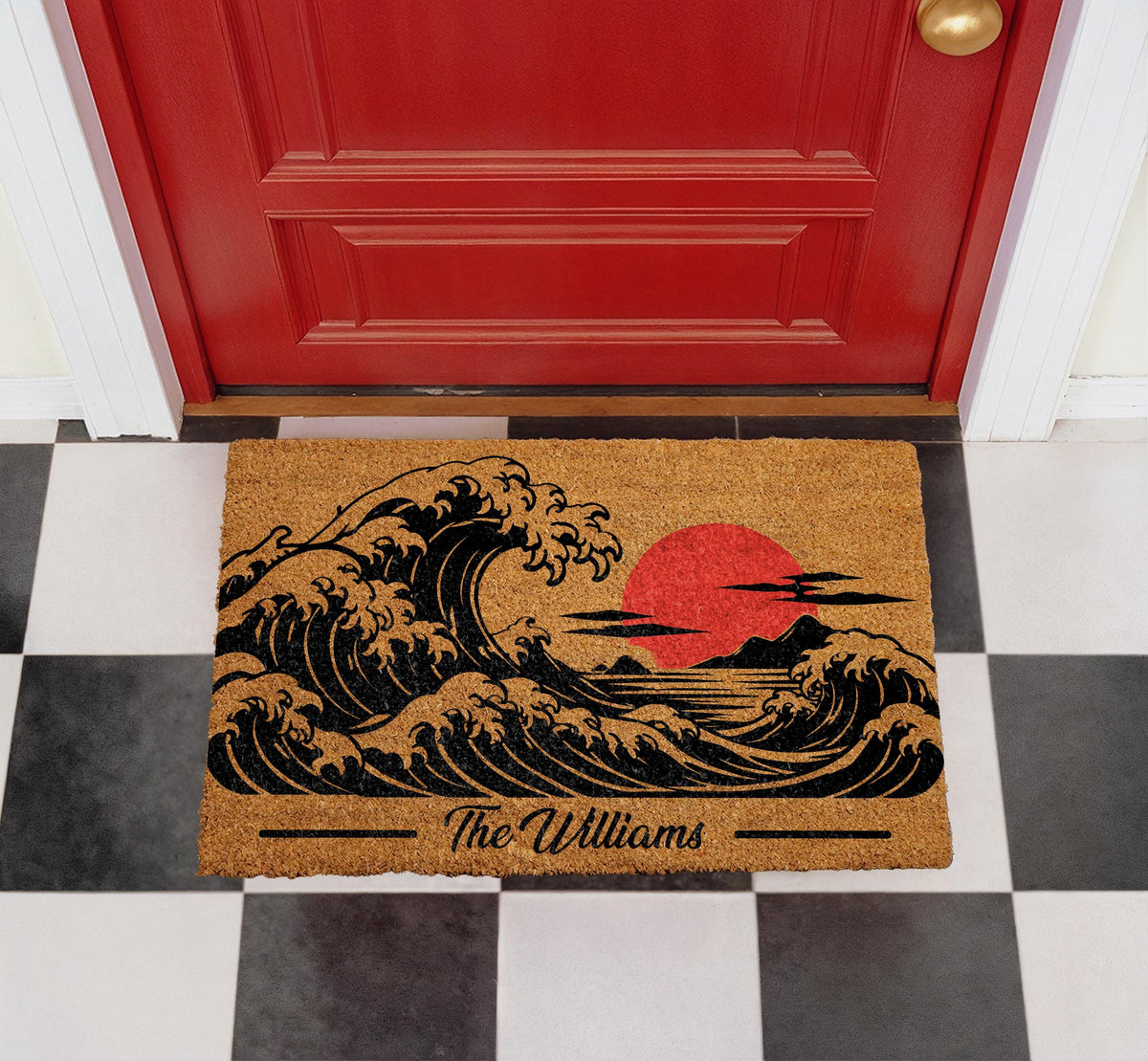 Custom Wave Doormat, Japanese Great Wave Rug, Red Sun Ocean Front Porch Decor, Housewarming Gift