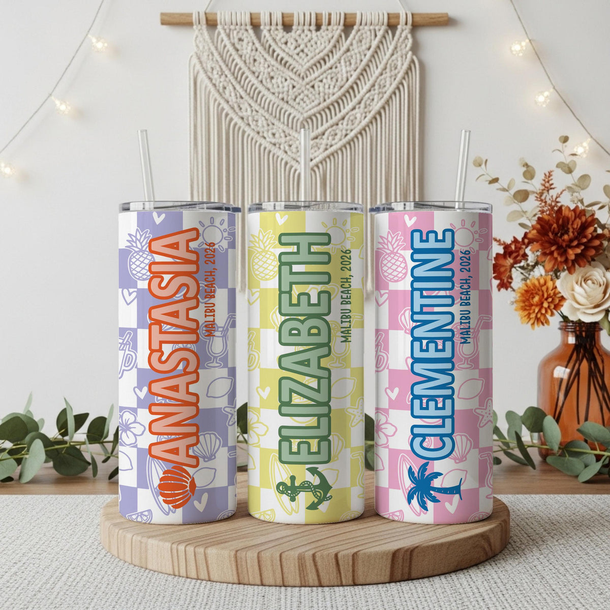 Personalized Checkered Beach Tumbler with Straw, Custom Name Vacation Skinny Tumbler, Retro Summer Trip Cup, Beach Bachelorette Party Gift