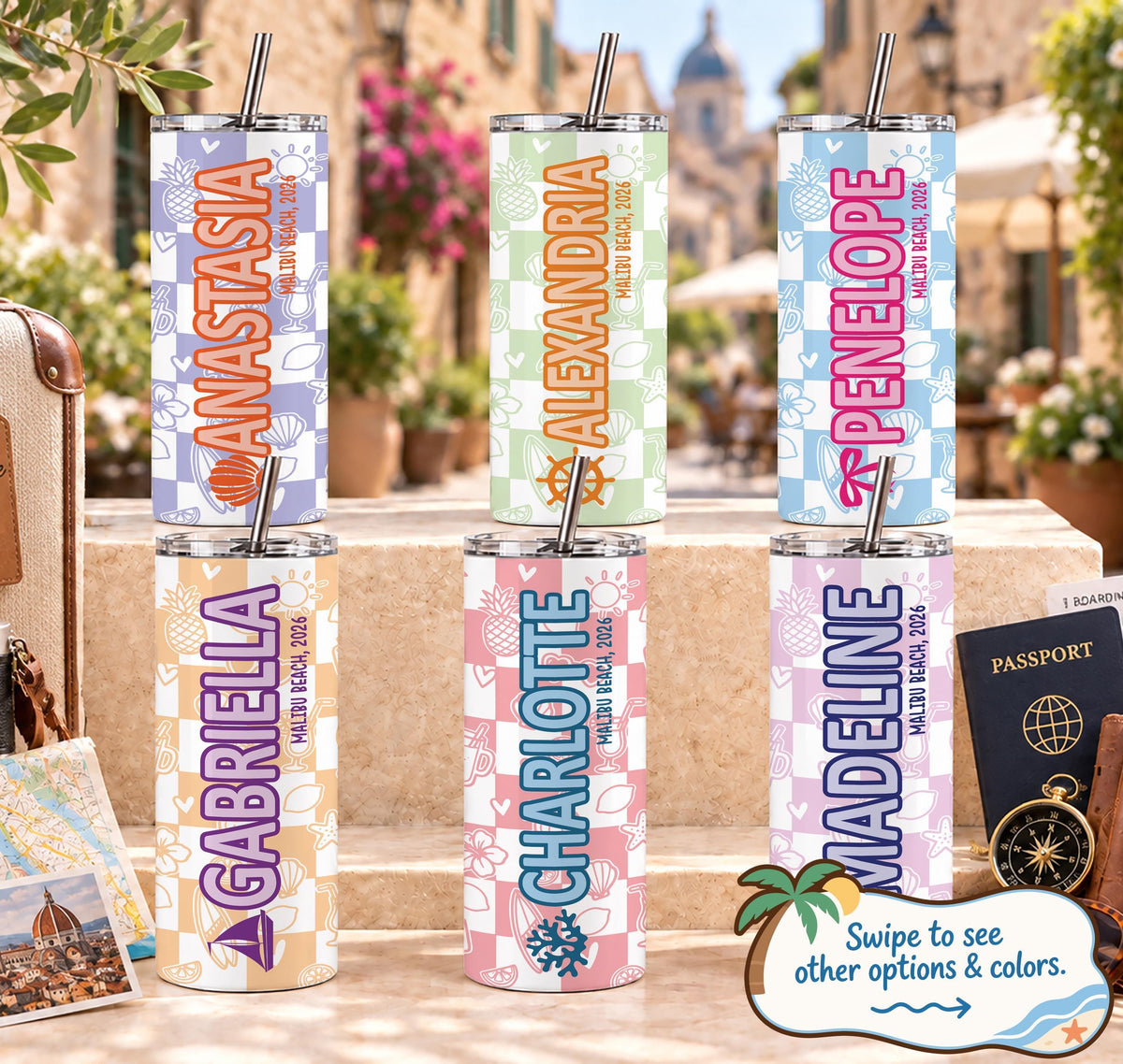 Personalized Checkered Beach Tumbler with Straw, Custom Name Vacation Skinny Tumbler, Retro Summer Trip Cup, Beach Bachelorette Party Gift