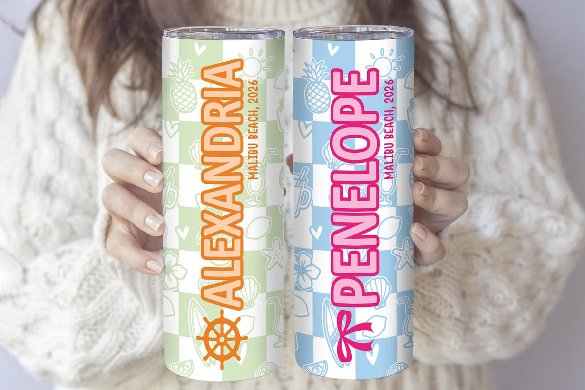 Personalized Checkered Beach Tumbler with Straw, Custom Name Vacation Skinny Tumbler, Retro Summer Trip Cup, Beach Bachelorette Party Gift