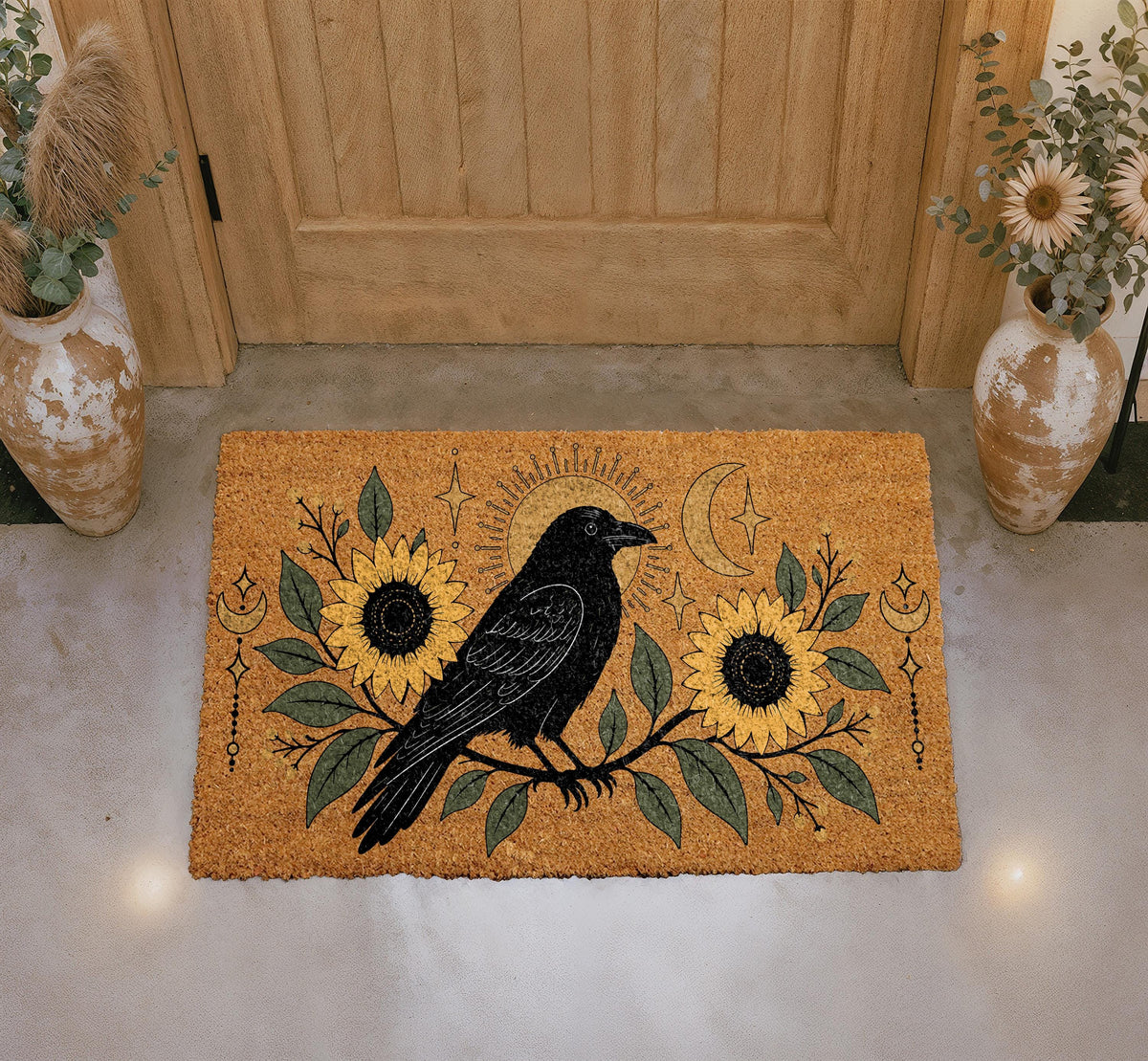 Crow and Sunflower Doormat, Celestial Moon Mat, Gothic Home Decor, Witchy Welcome Mat, Nature Front Porch Rug, Coir Door Mat
