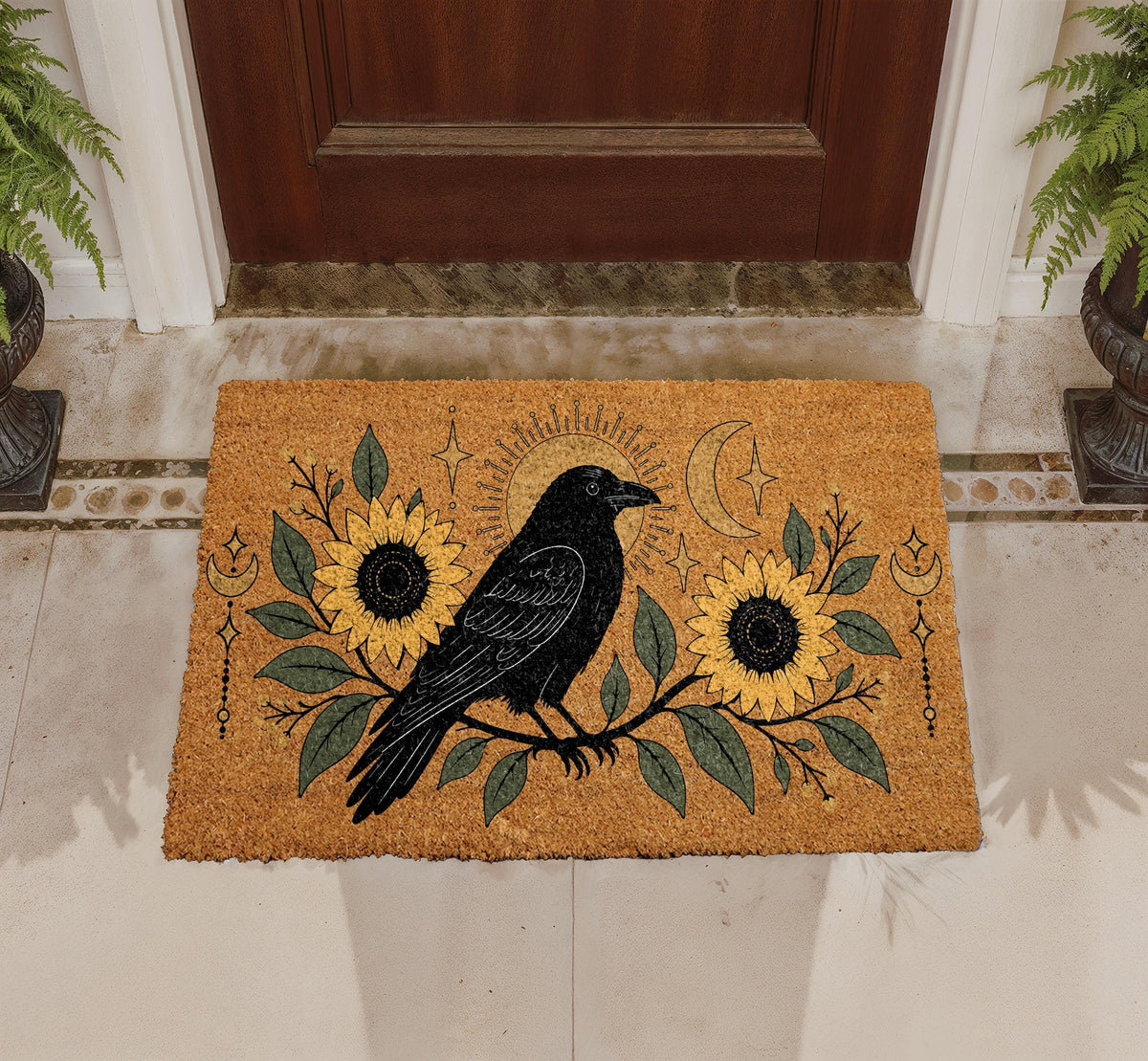 Crow and Sunflower Doormat, Celestial Moon Mat, Gothic Home Decor, Witchy Welcome Mat, Nature Front Porch Rug, Coir Door Mat