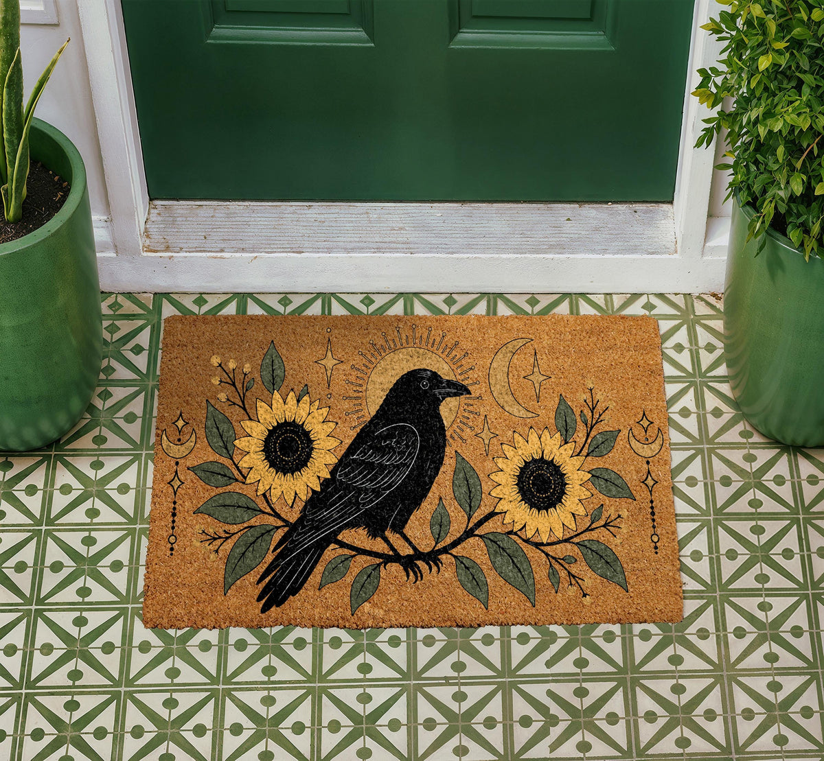 Crow and Sunflower Doormat, Celestial Moon Mat, Gothic Home Decor, Witchy Welcome Mat, Nature Front Porch Rug, Coir Door Mat