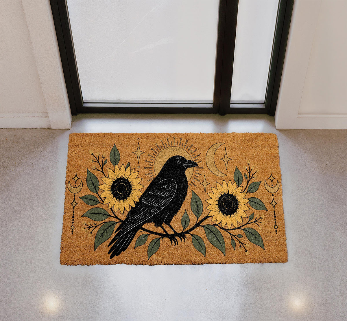 Crow and Sunflower Doormat, Celestial Moon Mat, Gothic Home Decor, Witchy Welcome Mat, Nature Front Porch Rug, Coir Door Mat