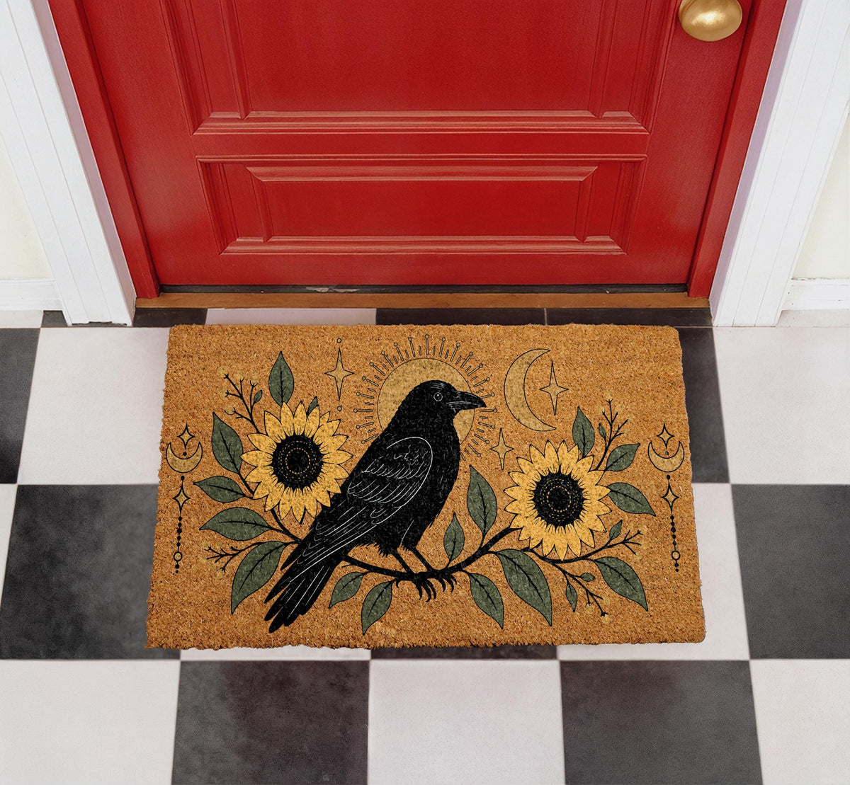 Crow and Sunflower Doormat, Celestial Moon Mat, Gothic Home Decor, Witchy Welcome Mat, Nature Front Porch Rug, Coir Door Mat