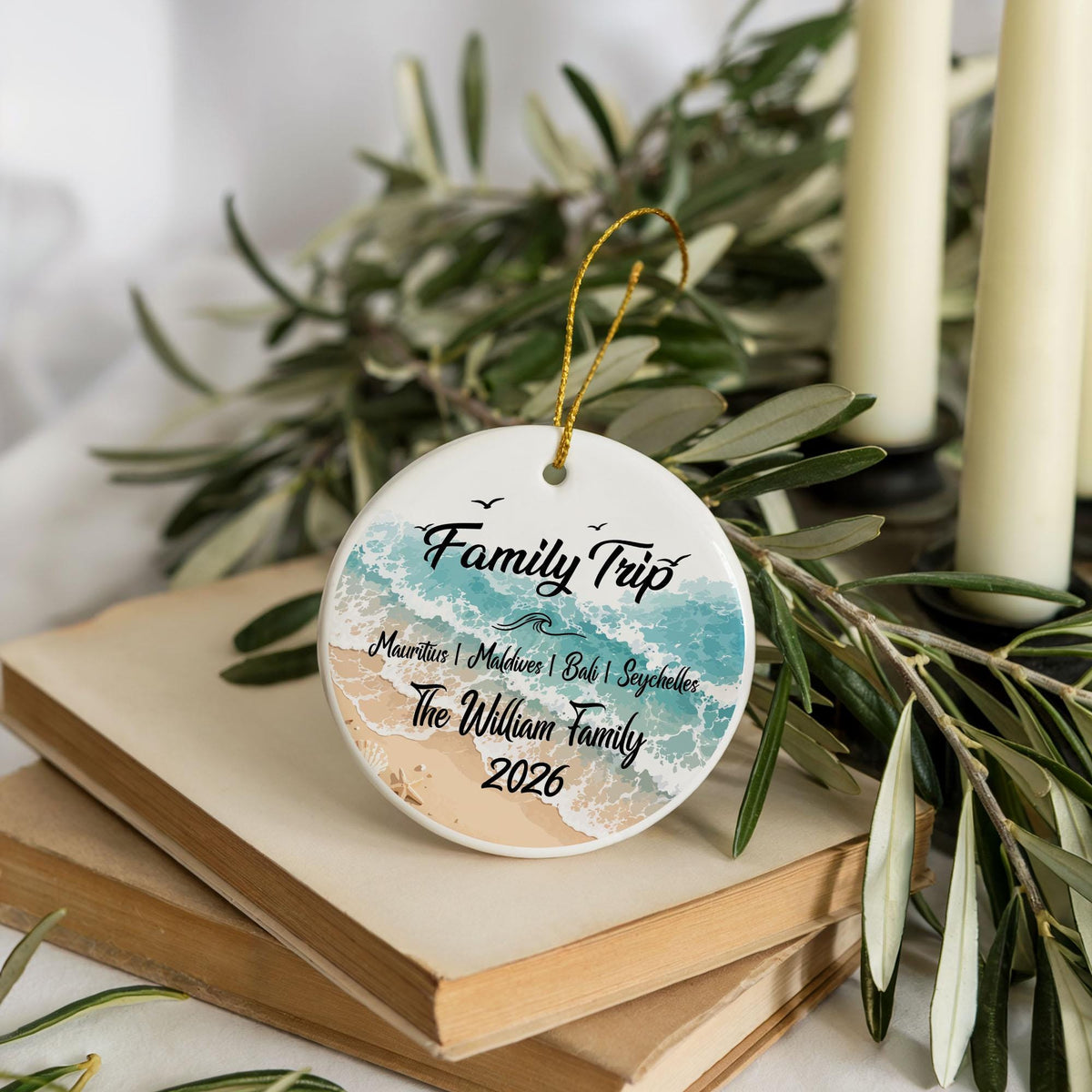 Personalized Family Trip Ornament, Custom Name Beach Vacation Ceramic Ornament, Tropical Summer Travel Souvenir Gift, Ocean Wave Keepsake